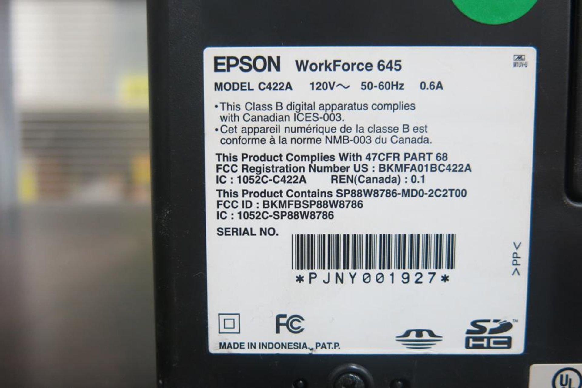 EPSON, WORKFORCE 645, C422A, MULTI-FUNCTION, COLOUR BUBBLEJET PRINTER, S/N PJNY001927 - Image 3 of 3