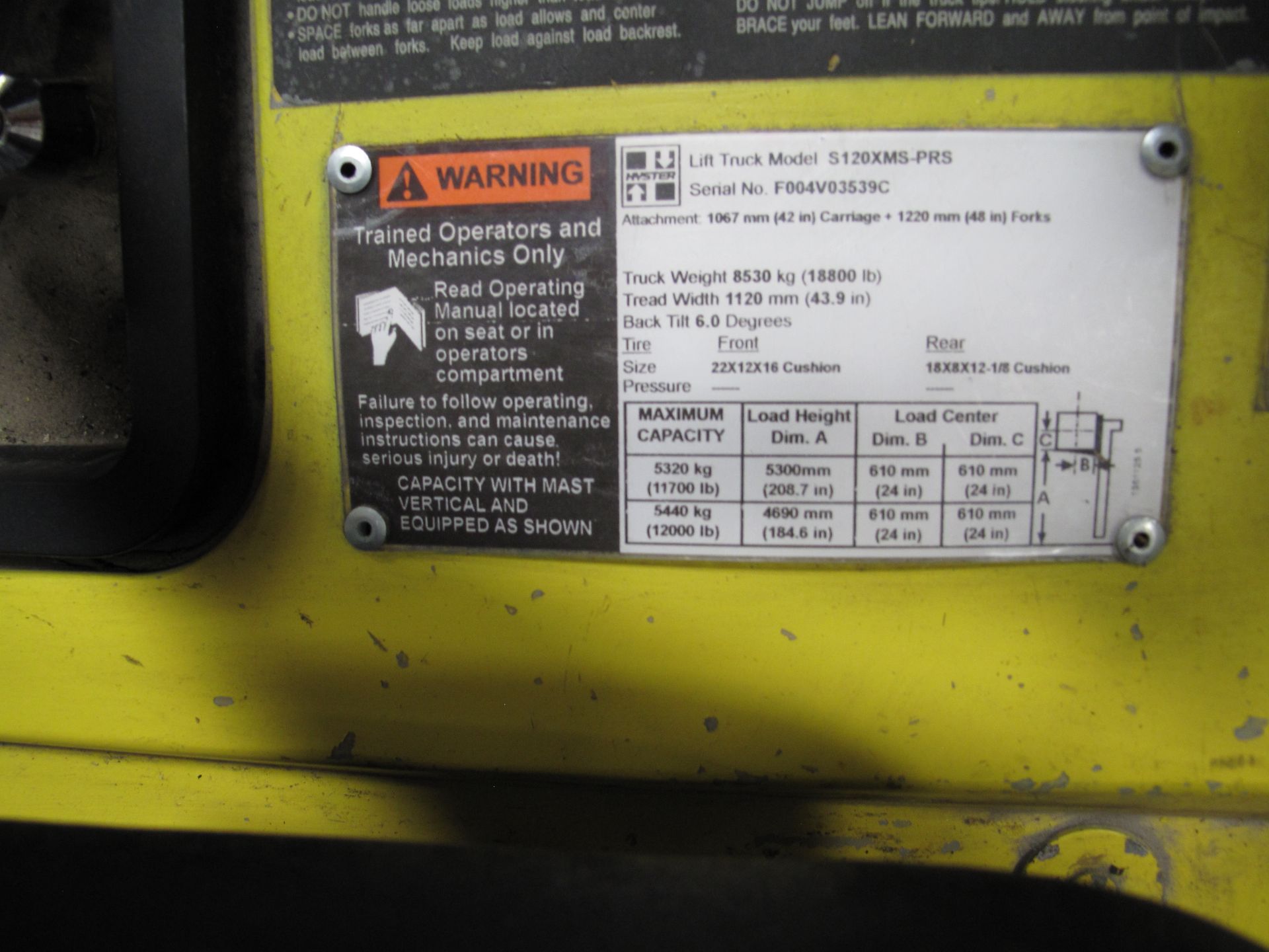 HYSTER, S120XMS-PRS, 12,000 LBS, 3 STAGE, LPG FORKLIFT, 48" FORKS, 208" MAXIMUM LIFT, 9,701 HOURS, - Image 7 of 7