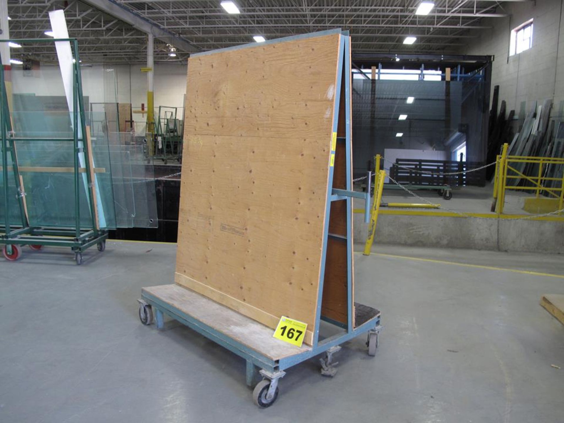 TRAN FAB, 2,000 LBS (APPROX.), 6' X 4' X 3' DOUBLE SIDED, ROLLING PRODUCTION GLASS RACK WITH FOOT