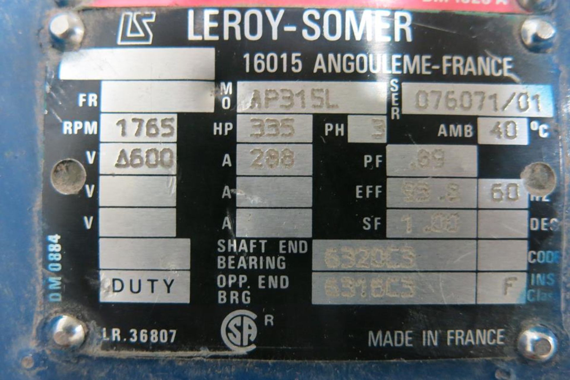 DELTA / LEROY-SOMER, 335 HP, 1,765 RPM, ELECTRIC MOTOR, 600 VAC, 288 AMP, 3 PHASE - Image 2 of 2