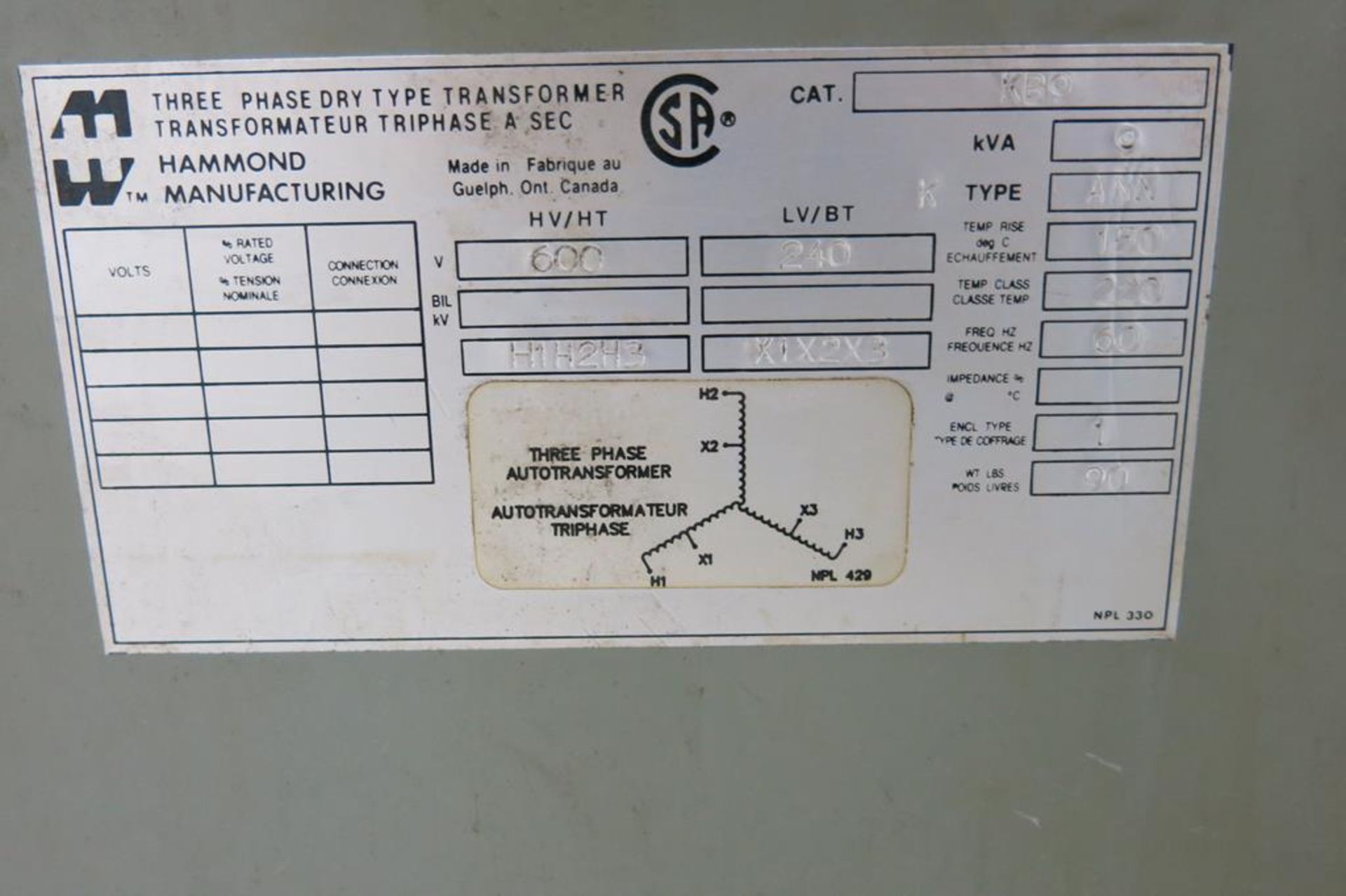 HAMMOND, 9 KVA, TRANSFORMER, 600VAC PRIMARY 220 VAC SECONDARY - Image 4 of 4