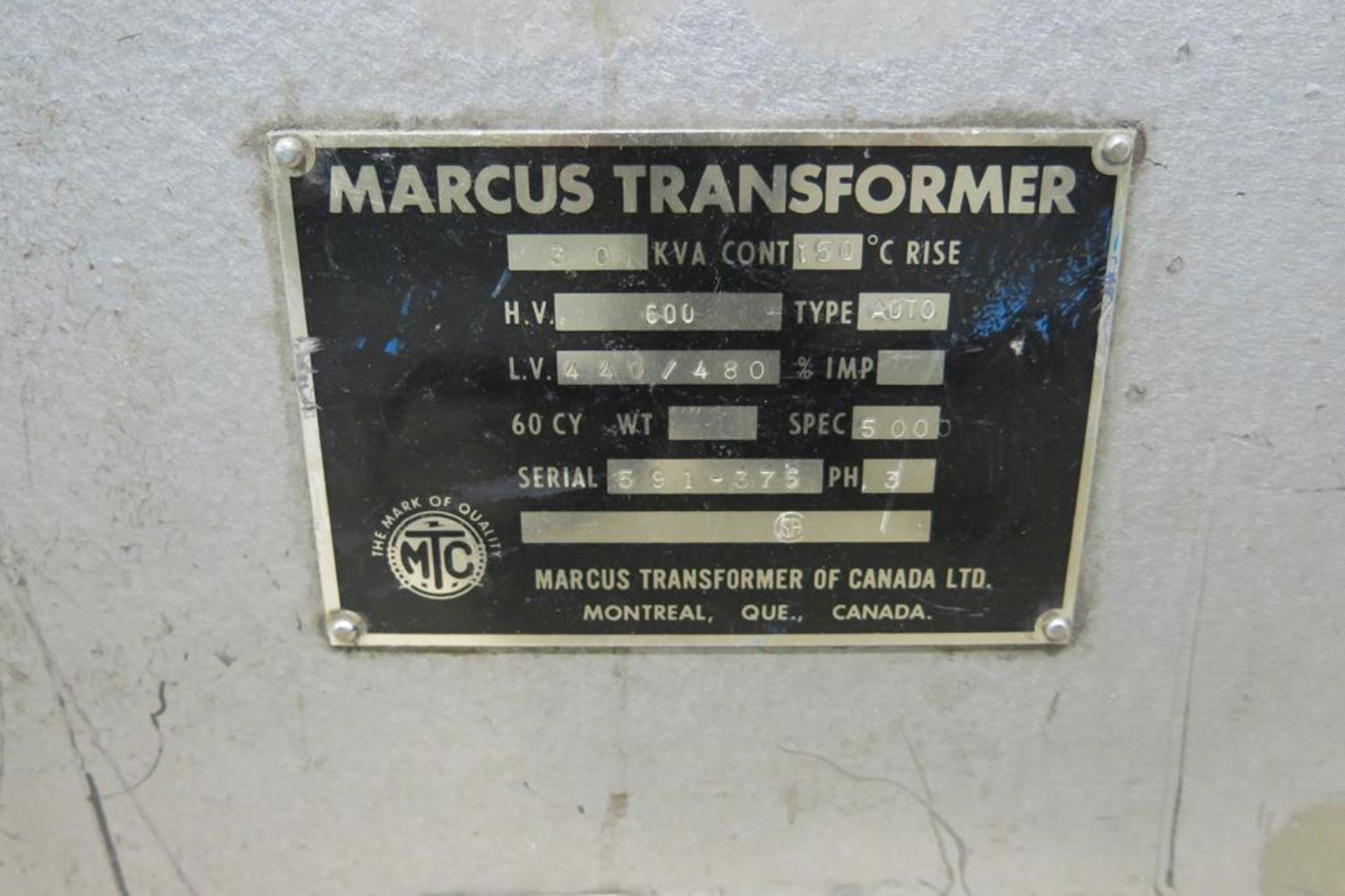 MARCUS, 30 KVA, TRANSFORMER, 3 PHASE, 600 PRIMARY, 440 / 480 SECONDARY - Image 2 of 2