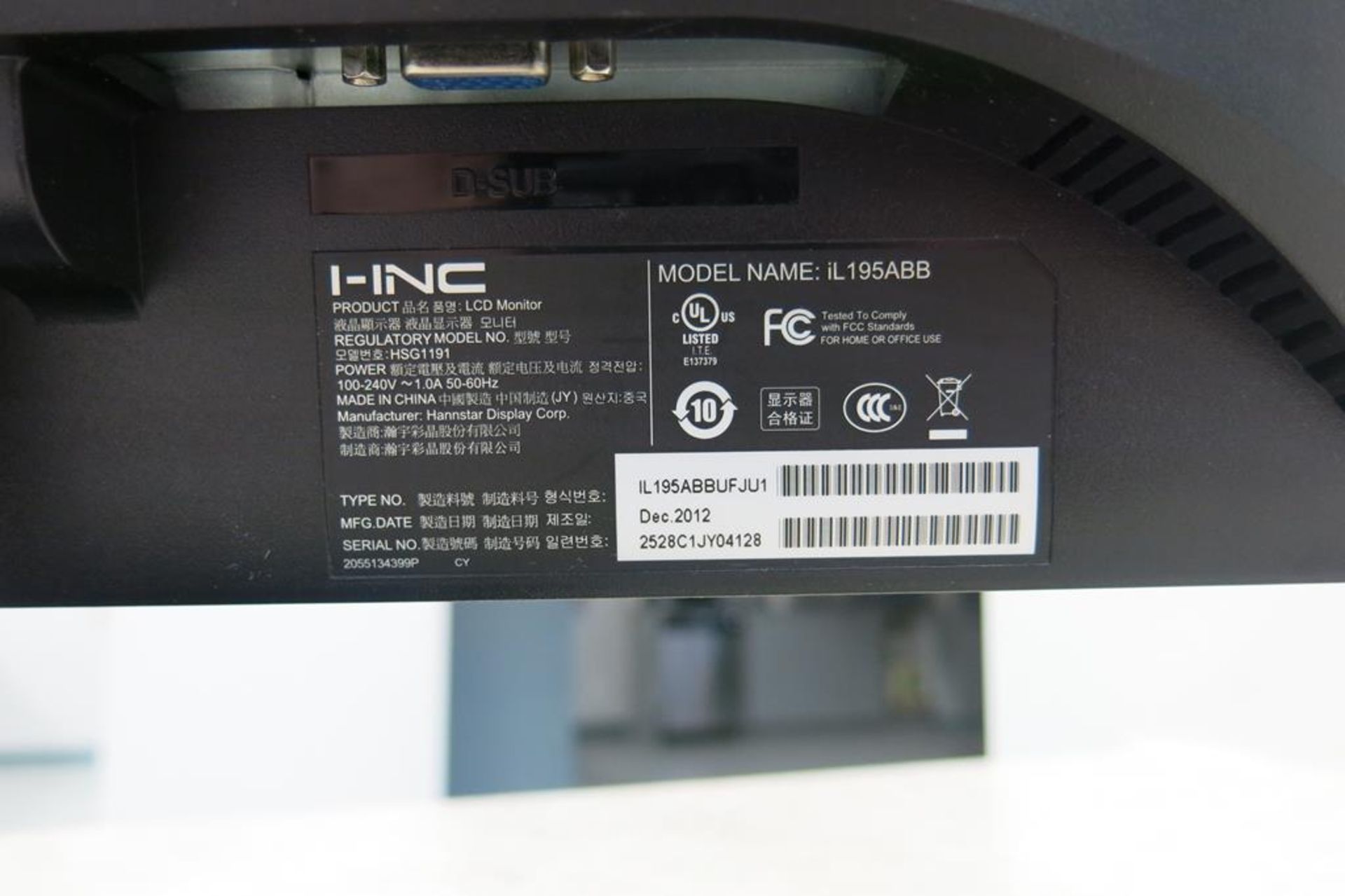 I-INC, IF191D, 19", LED COMPUTER MONITOR, 2012 - Image 2 of 3