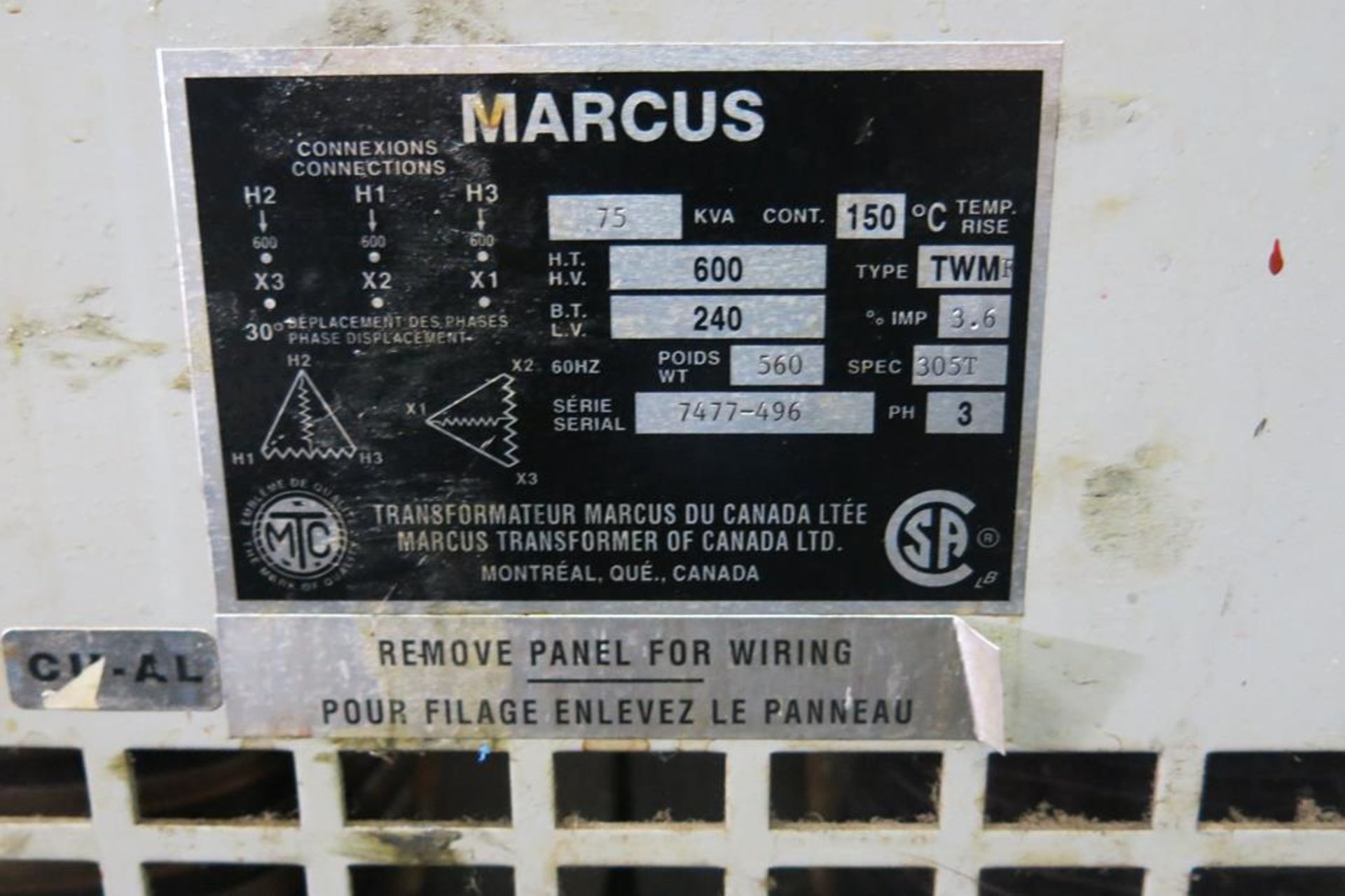 MARCUS, 75 KVA, TRANSFORMER, 600 PRIMARY, 240 SECONDARY, S/N 7477-496 (DISCONNECT FEE $100) - Image 2 of 2