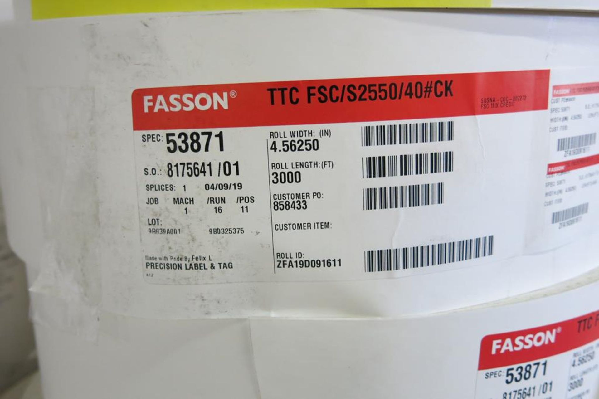 LOT OF LABEL STOCK COMPRISED OF INCLUDING TORY TAPE, WHITE COATED, FACESTOCK AND FASSON, 53871, - Image 3 of 4