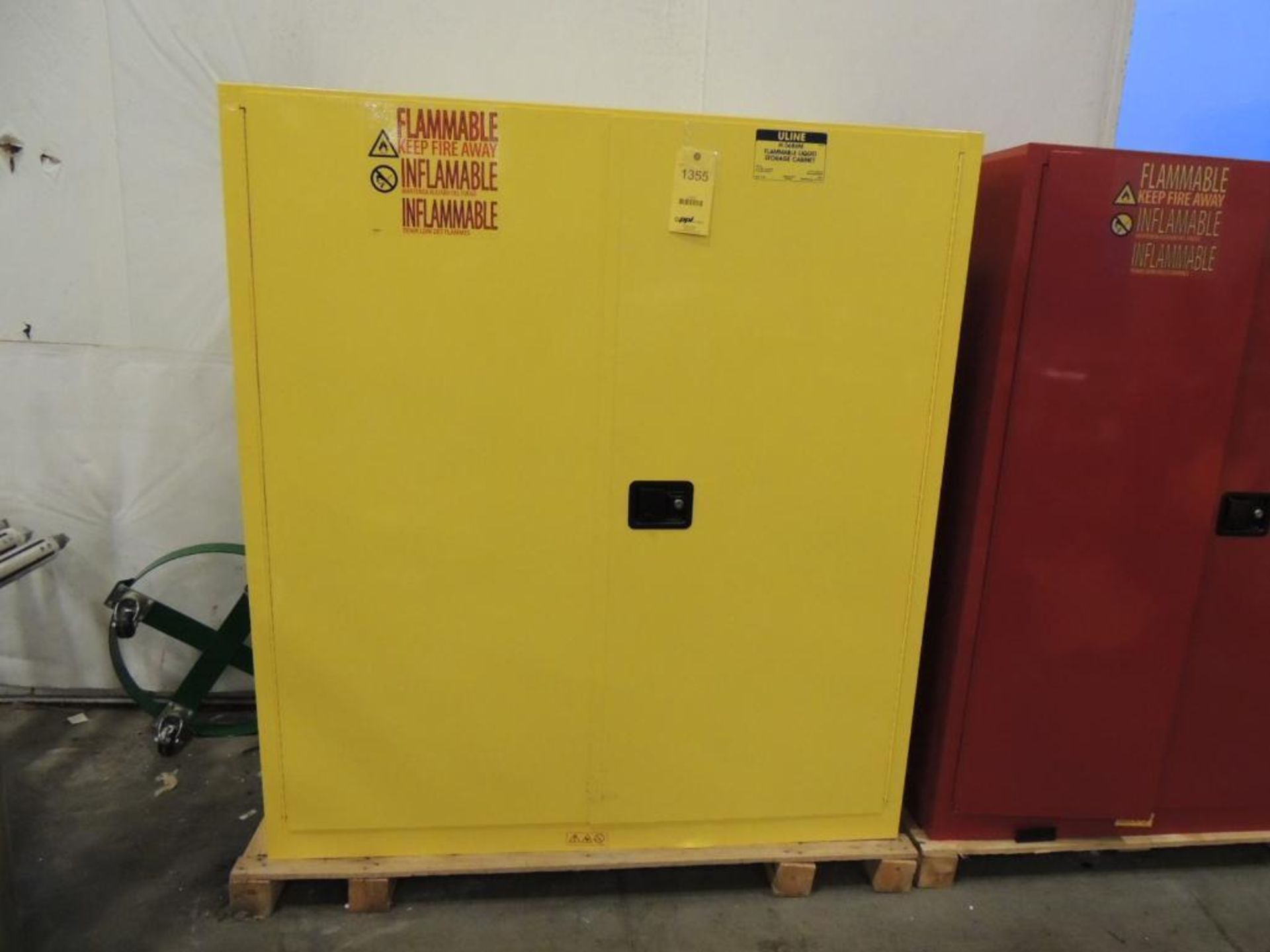 Uline H-3685M Flame Proof Cabinet, with Roller Pan for (2) 55 Gallon Drums