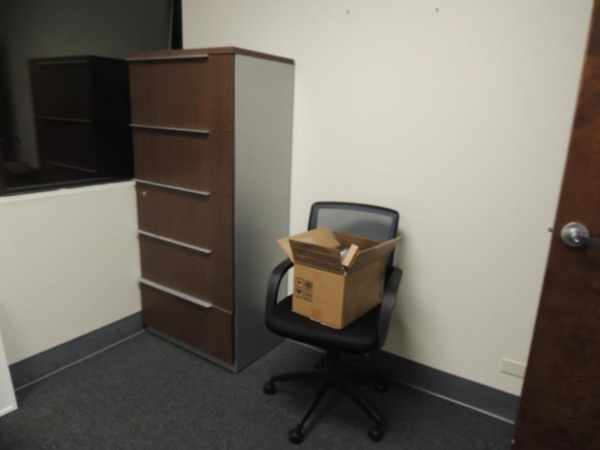 LOT: Contents of 1st Office including Desk with (5) Drawers & Adjustable Shelves, 5-Drawer File Cabi