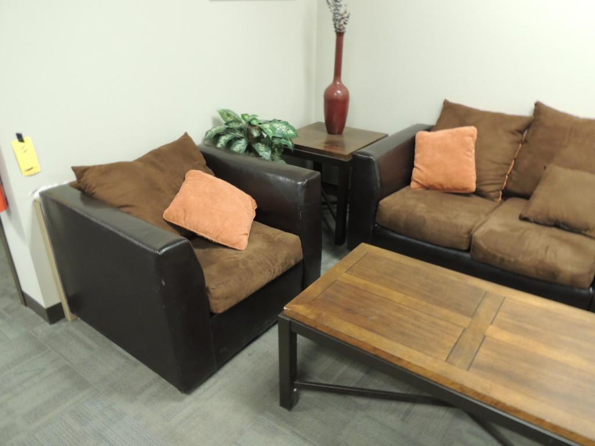 LOT: Contents of Waiting Area including (2) End Tables & Coffee Table by Ashley Furniture, Swivel Ch