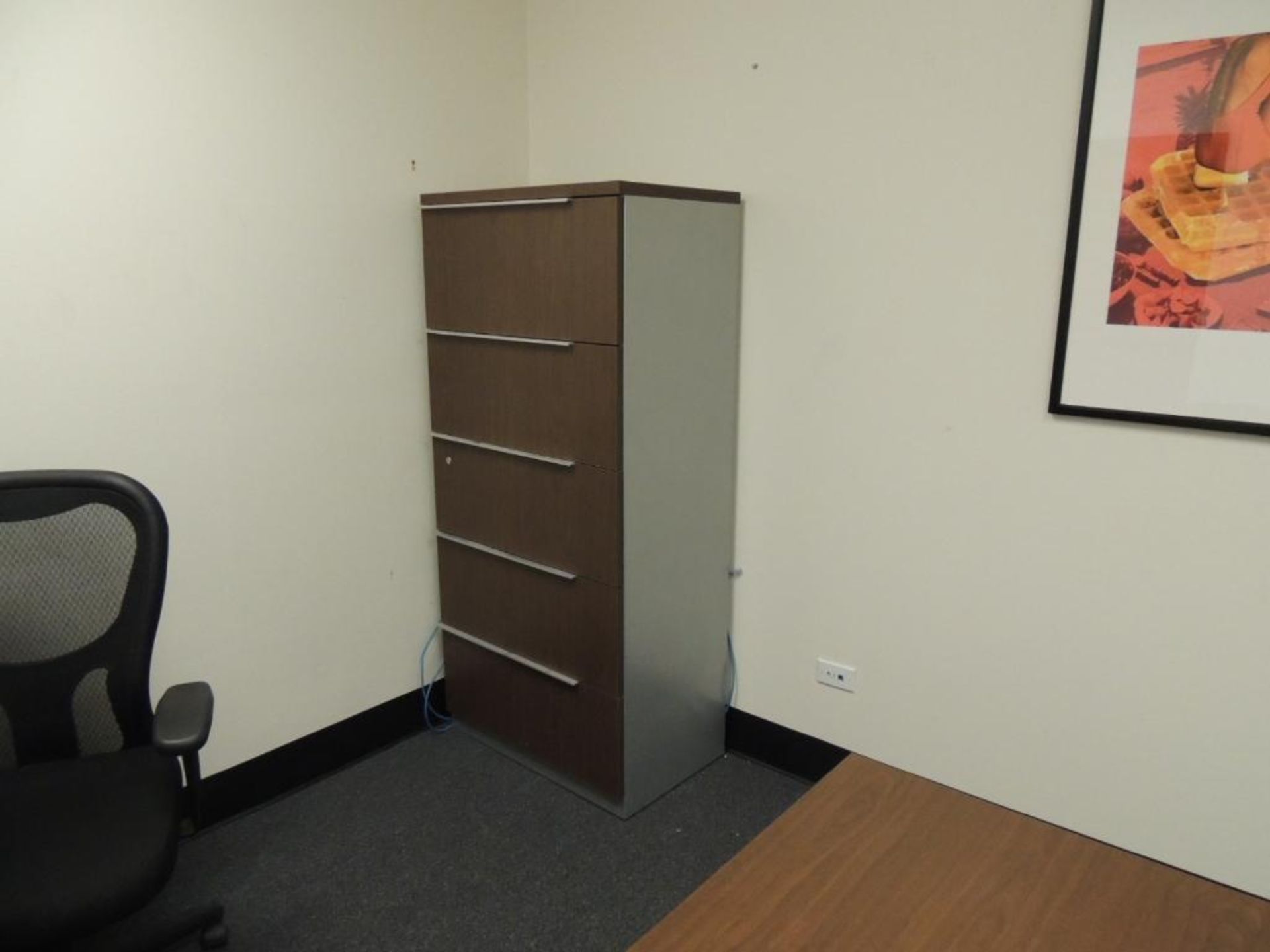 LOT: Contents of Office including Desk with (5) Drawers & Adjustable Shelves, 5-Drawer File Cabinet,