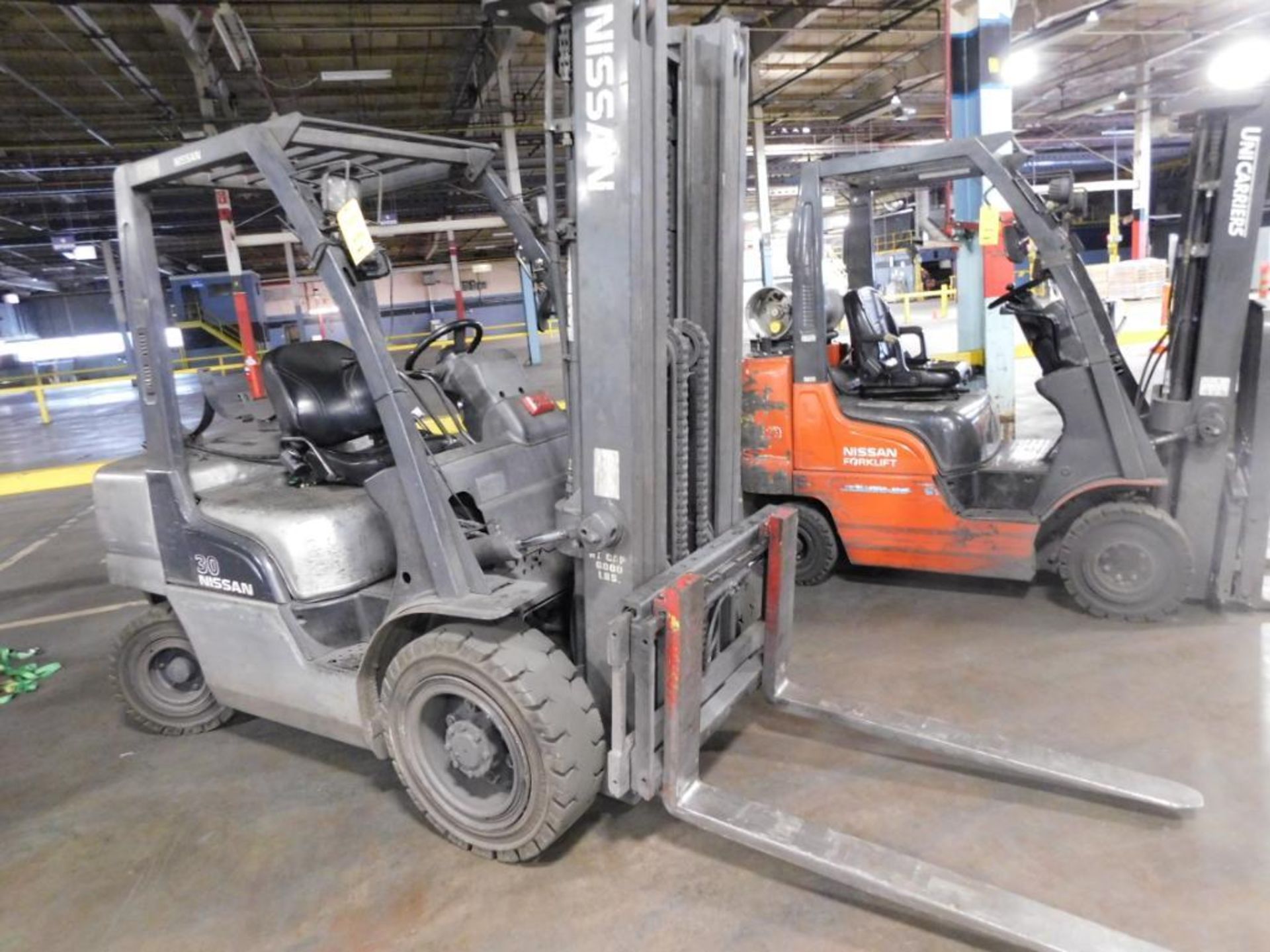 Nissan 6000 lb. LP Forklift Model MUGL02A30LB, S/N UGL02-9L0997, Solid Tires, 3-Stage Mast, Side Shi