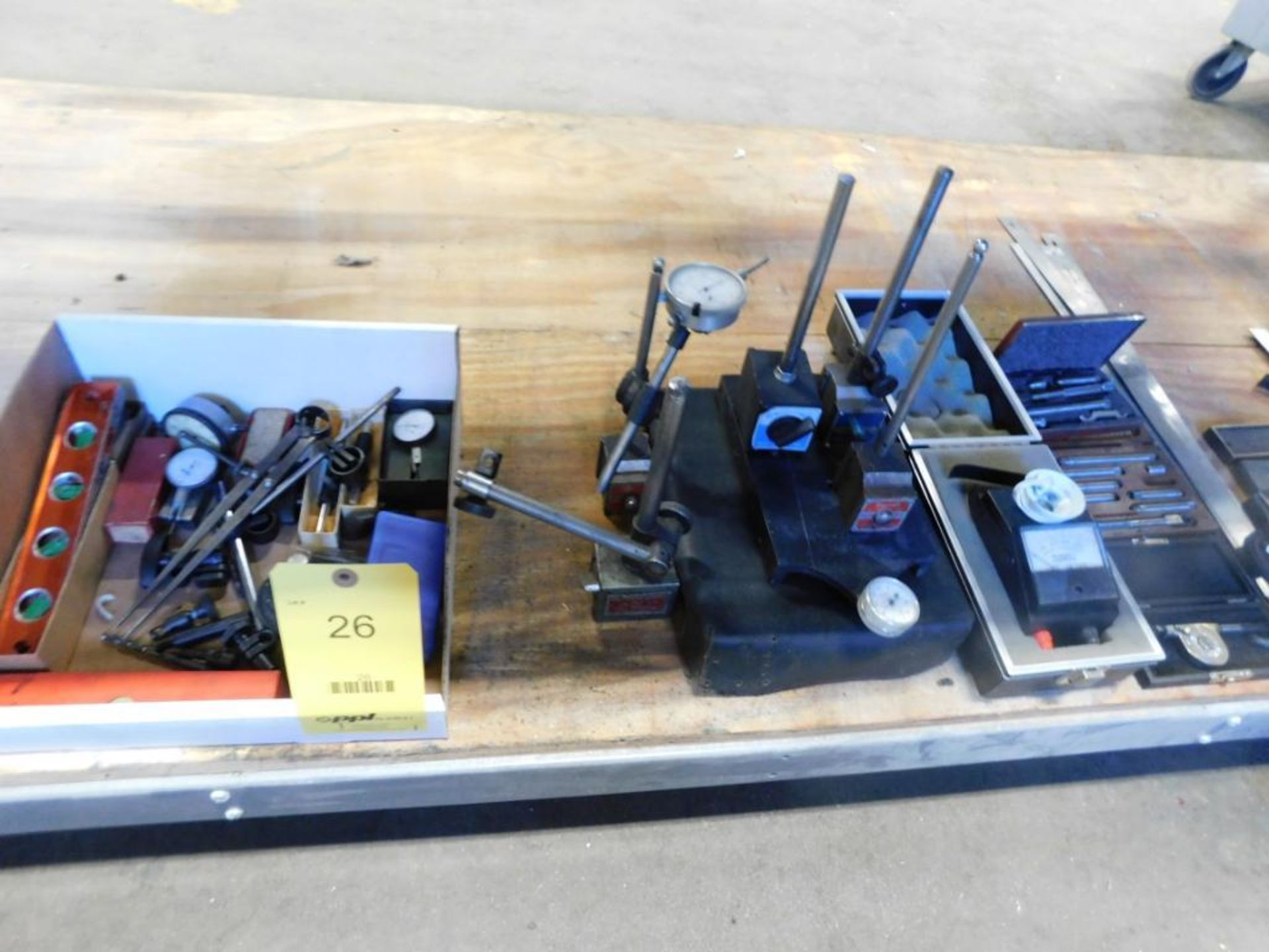 LOT: Dial Indicator Gauges, Magnetic Stands, Assorted Squares, Protractors & Parallel Blocks