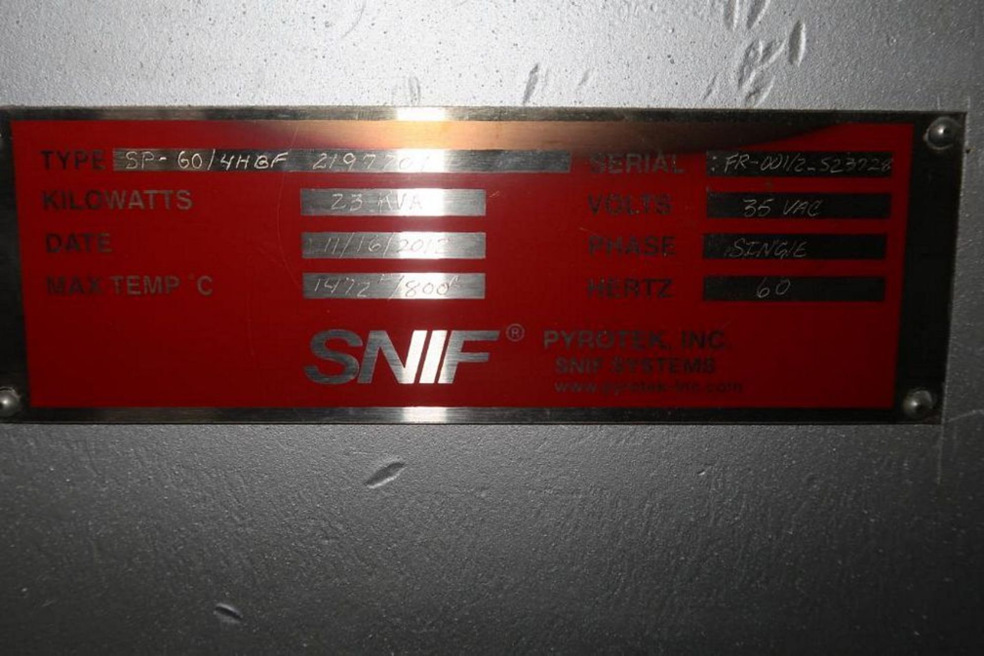 Pyrotek 1472 Degree F Degasser Model SNIF SP-60/4HBF, S/N FR0012S147000 (2001), with Refractory Refi - Image 5 of 5