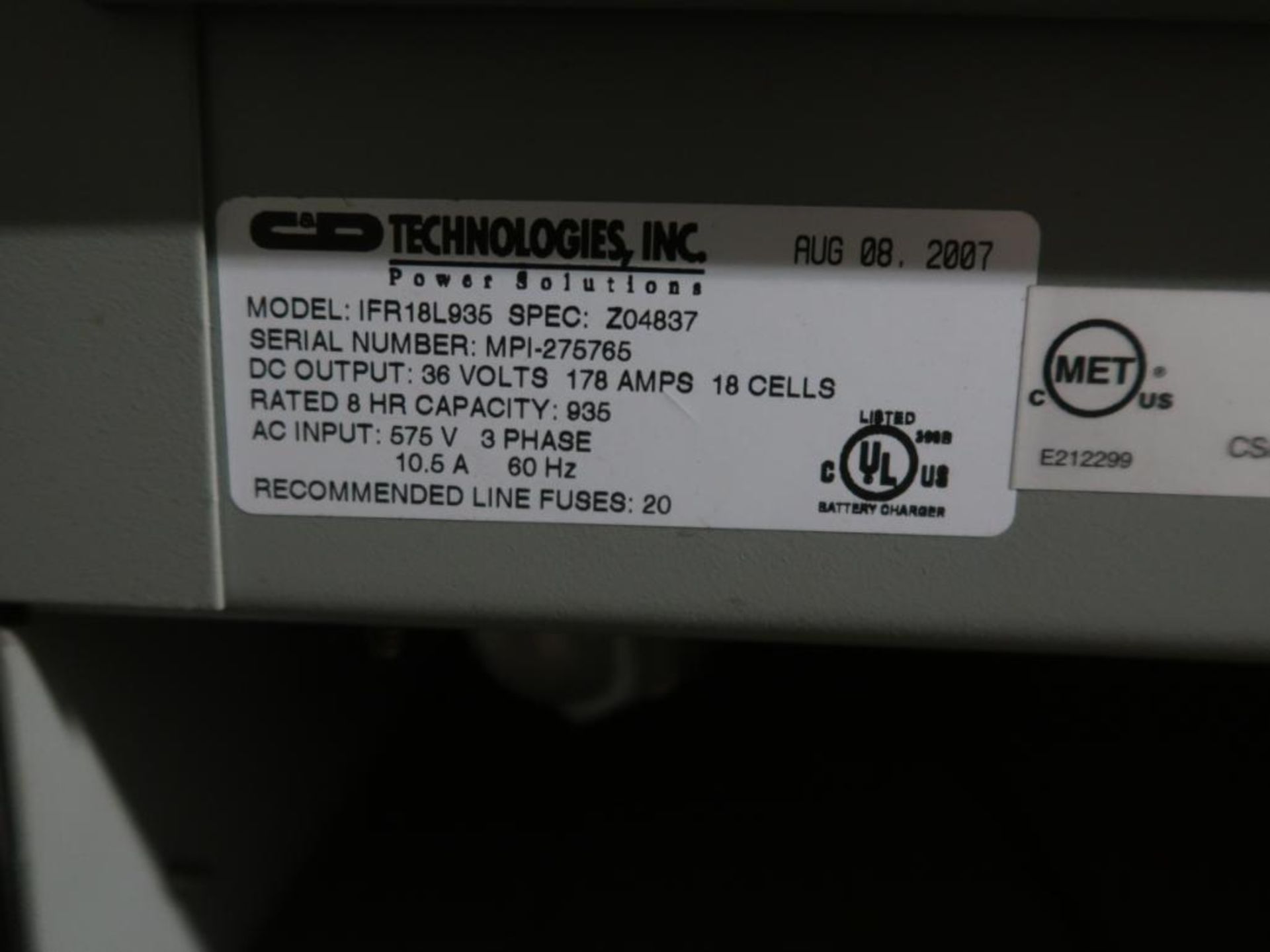 CD Technologies Battery Charger Model IFR18L1000, 36 Volt - Image 2 of 2