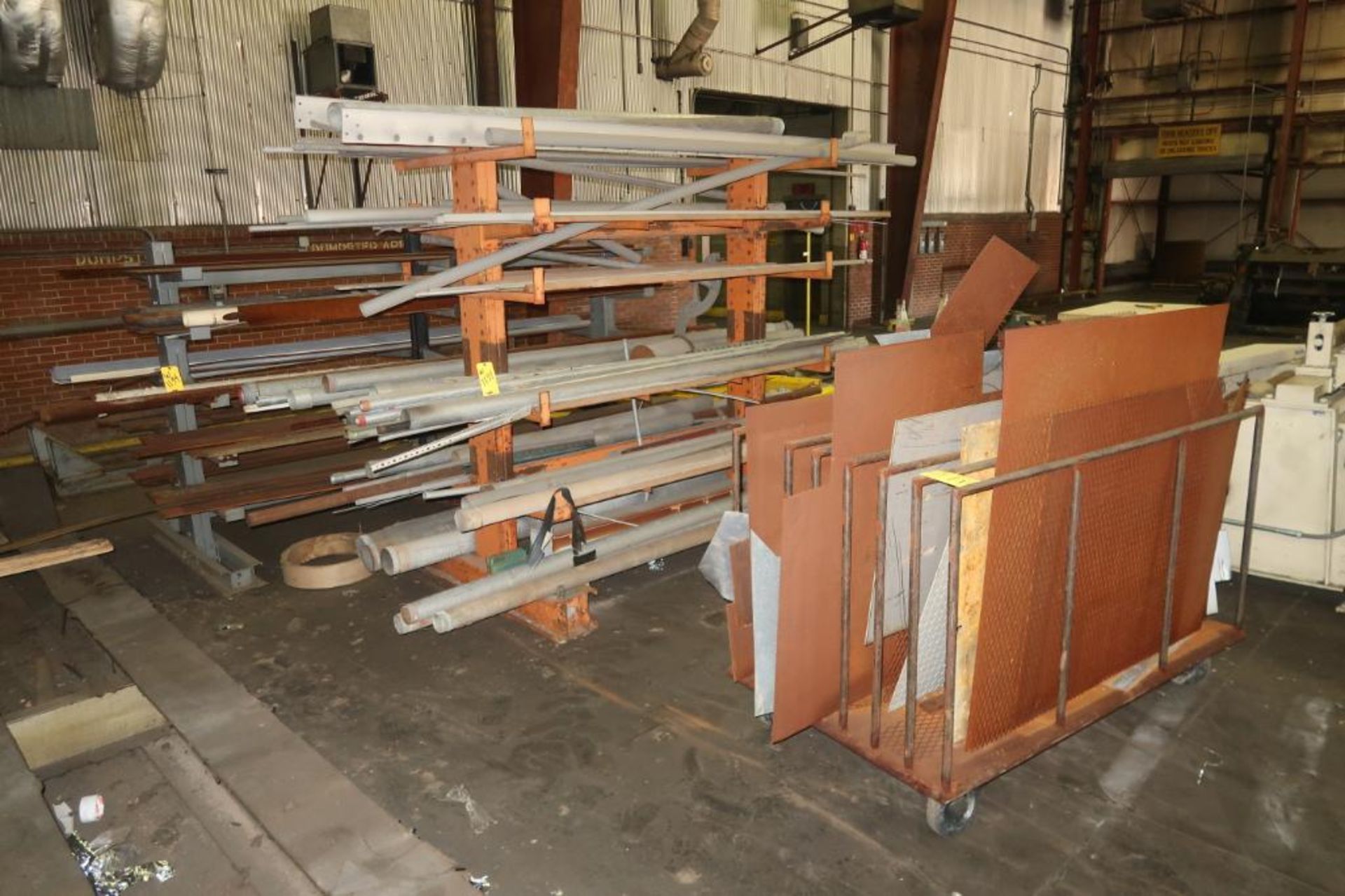 LOT: (2) Double-Side Cantilever Racks with Assorted Pipe, (1) Portable Rack with Assorted Metal Plat