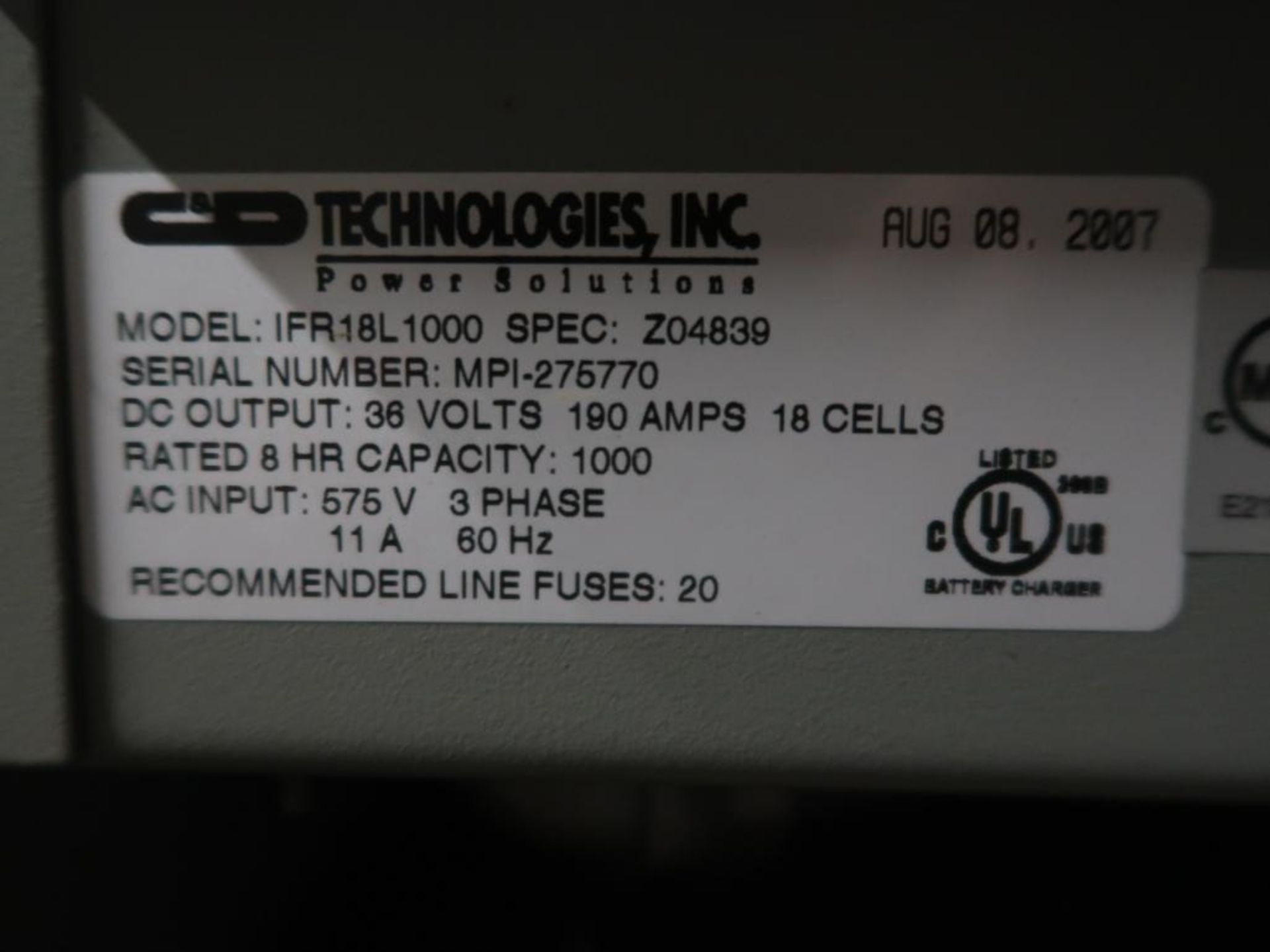 CD Technologies Battery Charger Model IFR18L1000, 36 Volt - Image 2 of 2