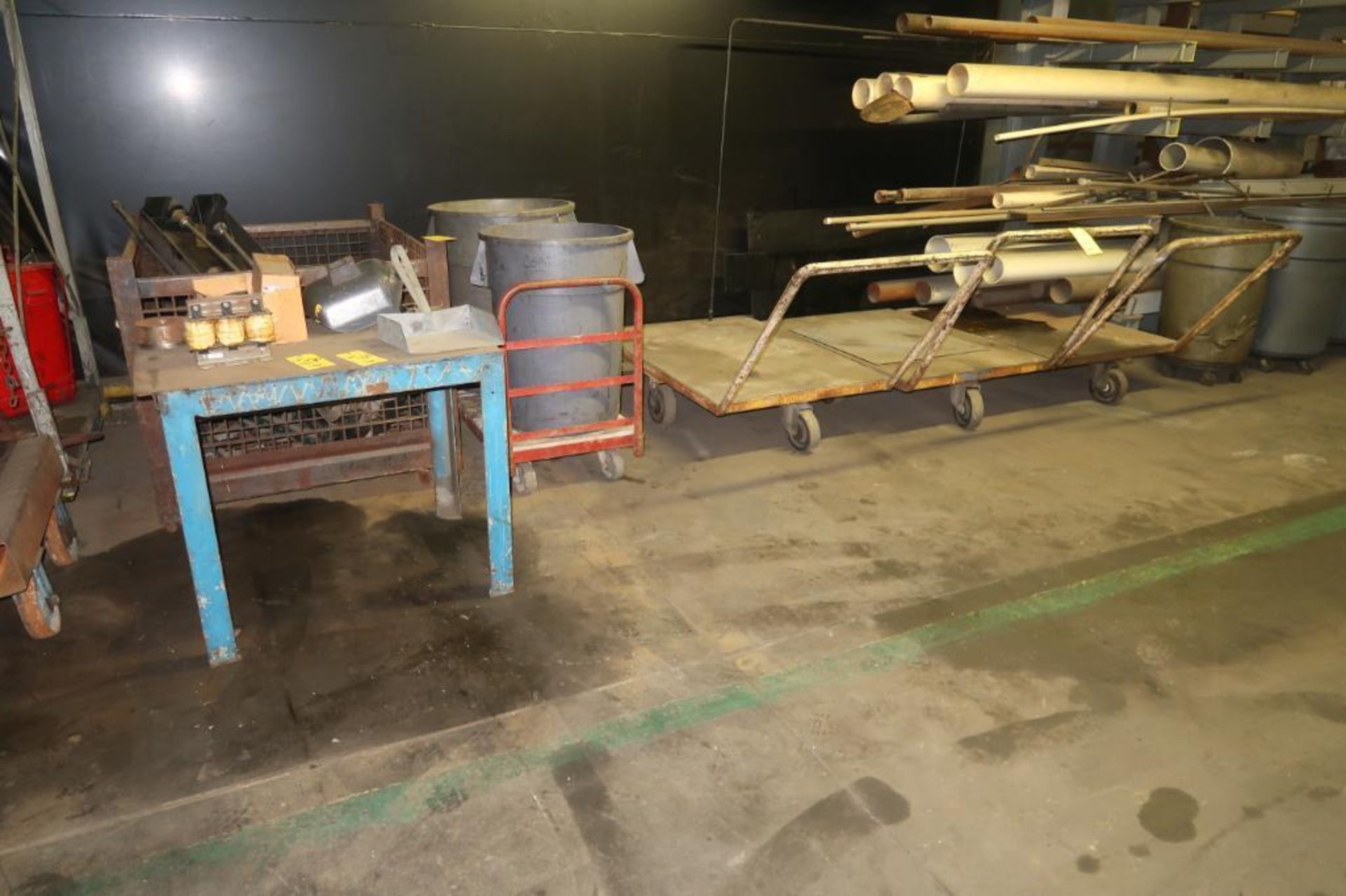 LOT: (6) Assorted Carts, (1) Steel Tote, (1) Steel Table, (2) Oily Rag Containers, (6) Plastic Garba