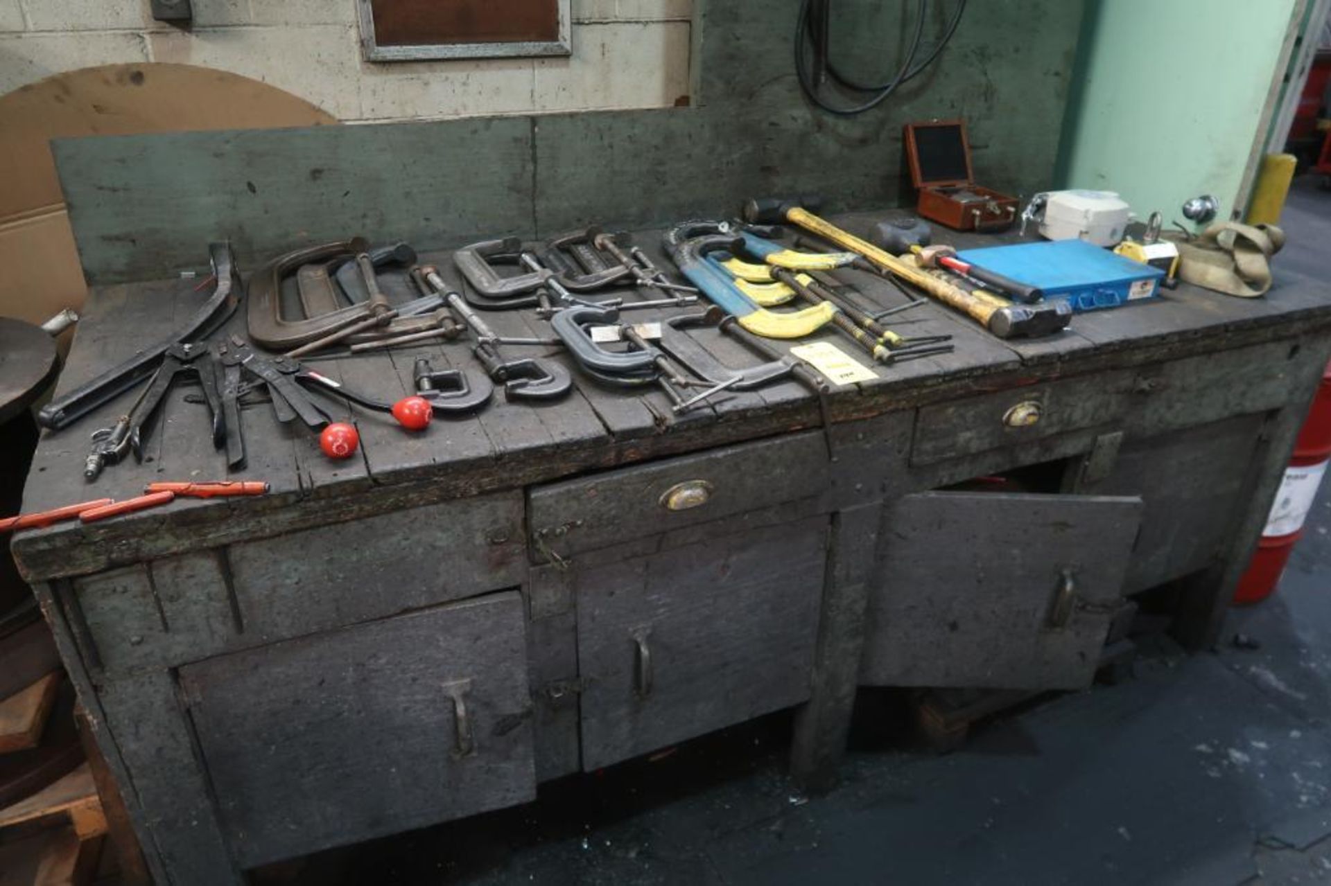 LOT: Assorted C-Clamps, Sledge Hammers, Assorted Tools on Work Bench, including Bench & Contents