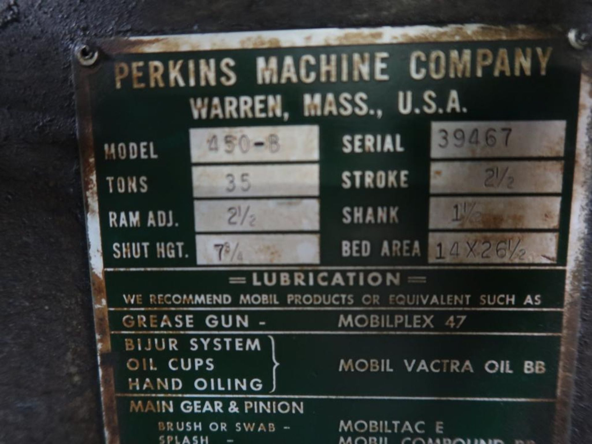 Perkins 35 Ton OBI Press Model 450-B, S/N 39467, 14 in. x 26-1/2 in. Bed, 2-1/2 in. Stroke, 7-3/4 - Image 4 of 4