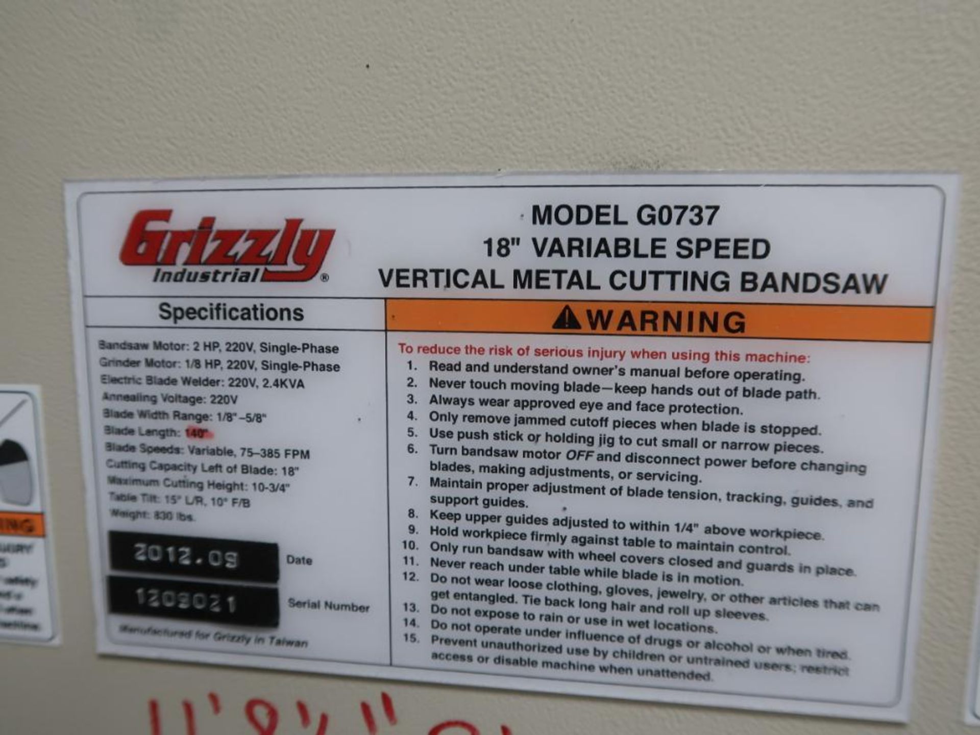 Grizzly 18 in. Variable Speed Band Saw / Welder Model G0737, S/N 1209021 (2012) - Image 3 of 3