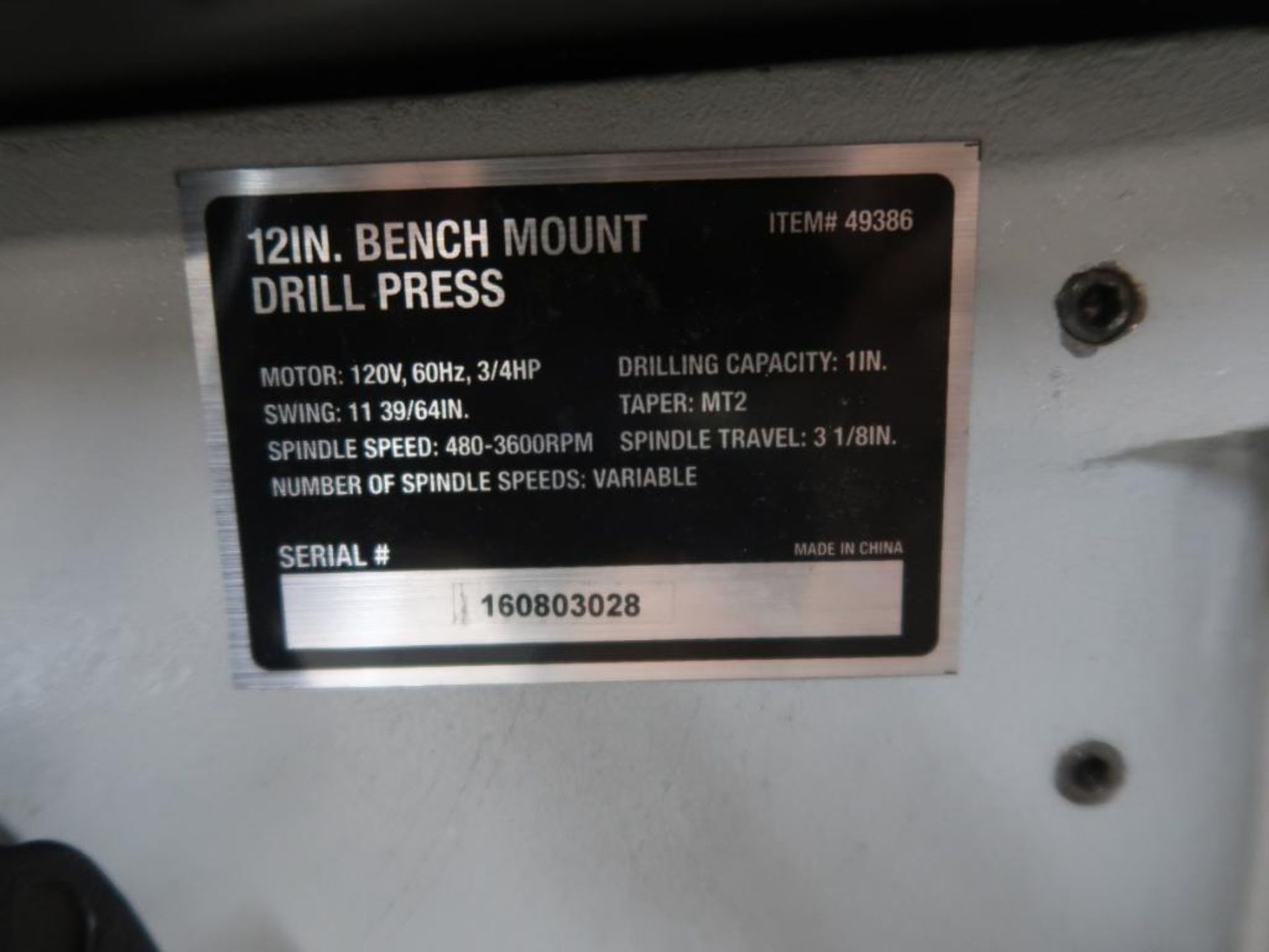 LOT: (2) Klutch 12 in. Bench Mounted Drill Presses Model 49386, with Adjustable Height Tables - Image 3 of 6