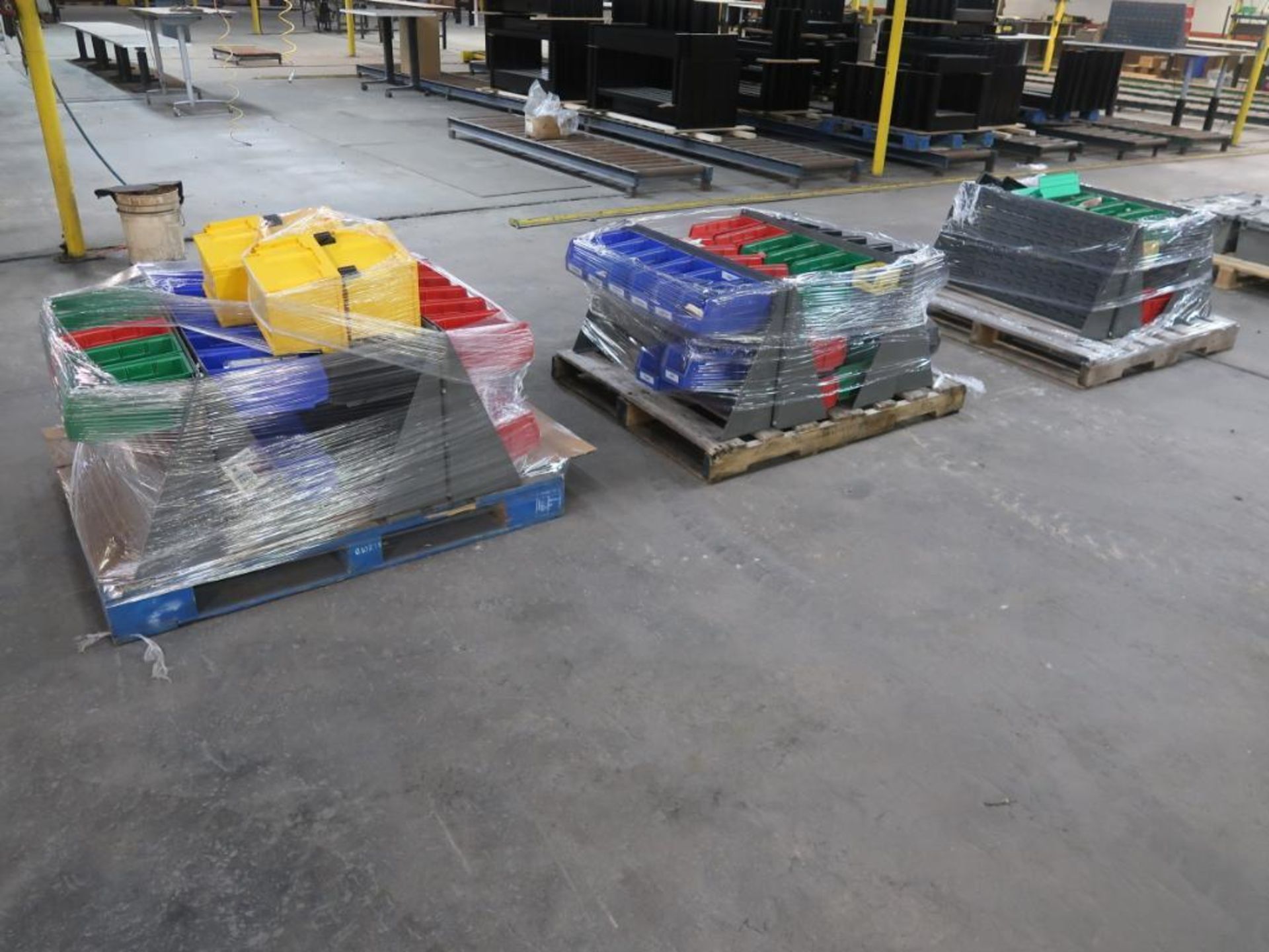 LOT: Plastic Parts Bins with Racking on (3) Pallets