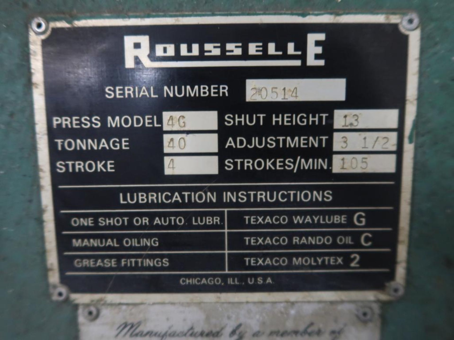 Rousselle 40 Ton Gap Press Model 4G, S/N 20514 (1982), 16 in. x 26 in. Bed, 24 in. Gap, 4 in. - Image 4 of 4