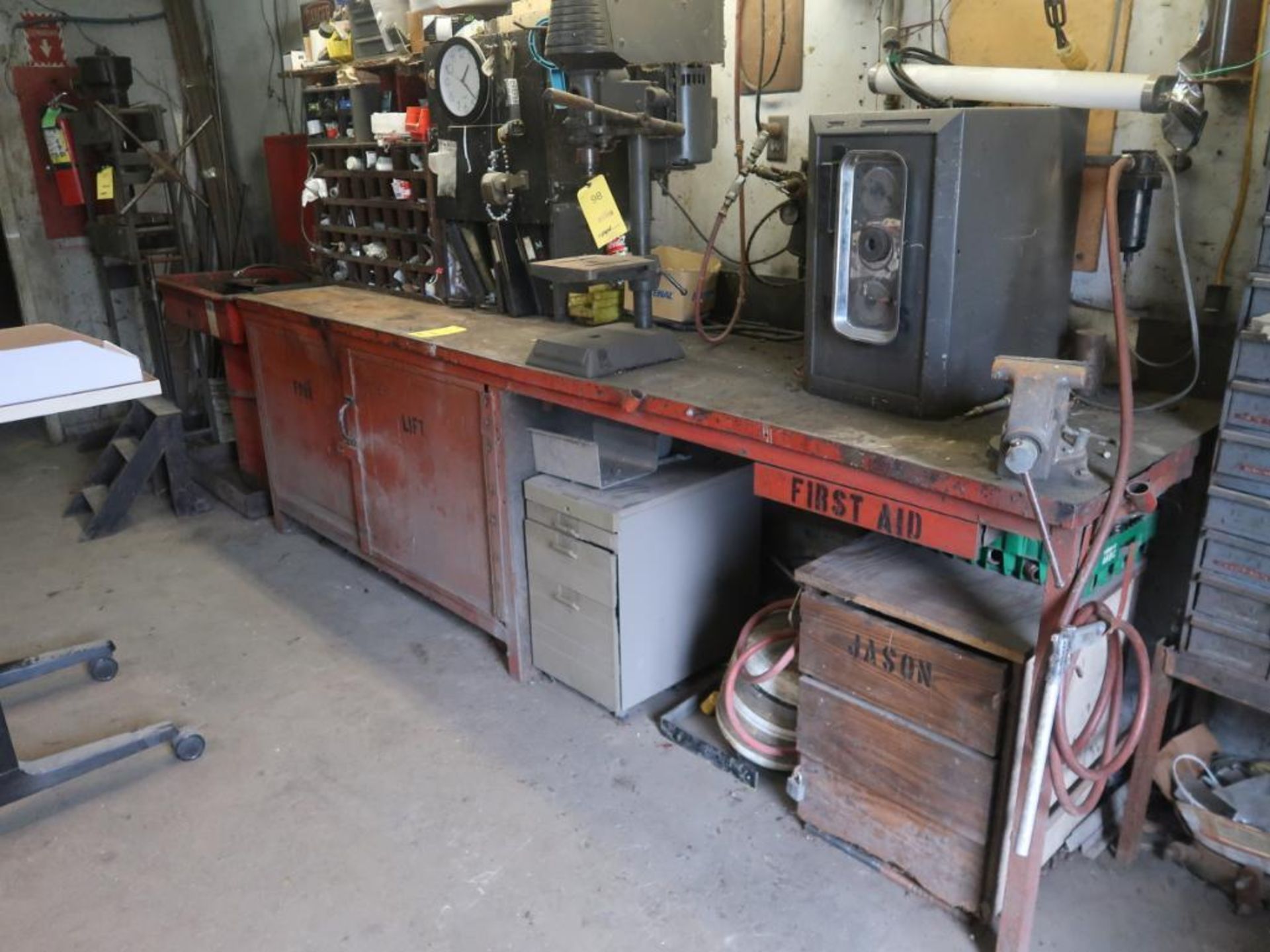 LOT: Balance of Room including 30 in. x 10 ft. Work Bench with Contents, (3) 2-Door Cabinets with