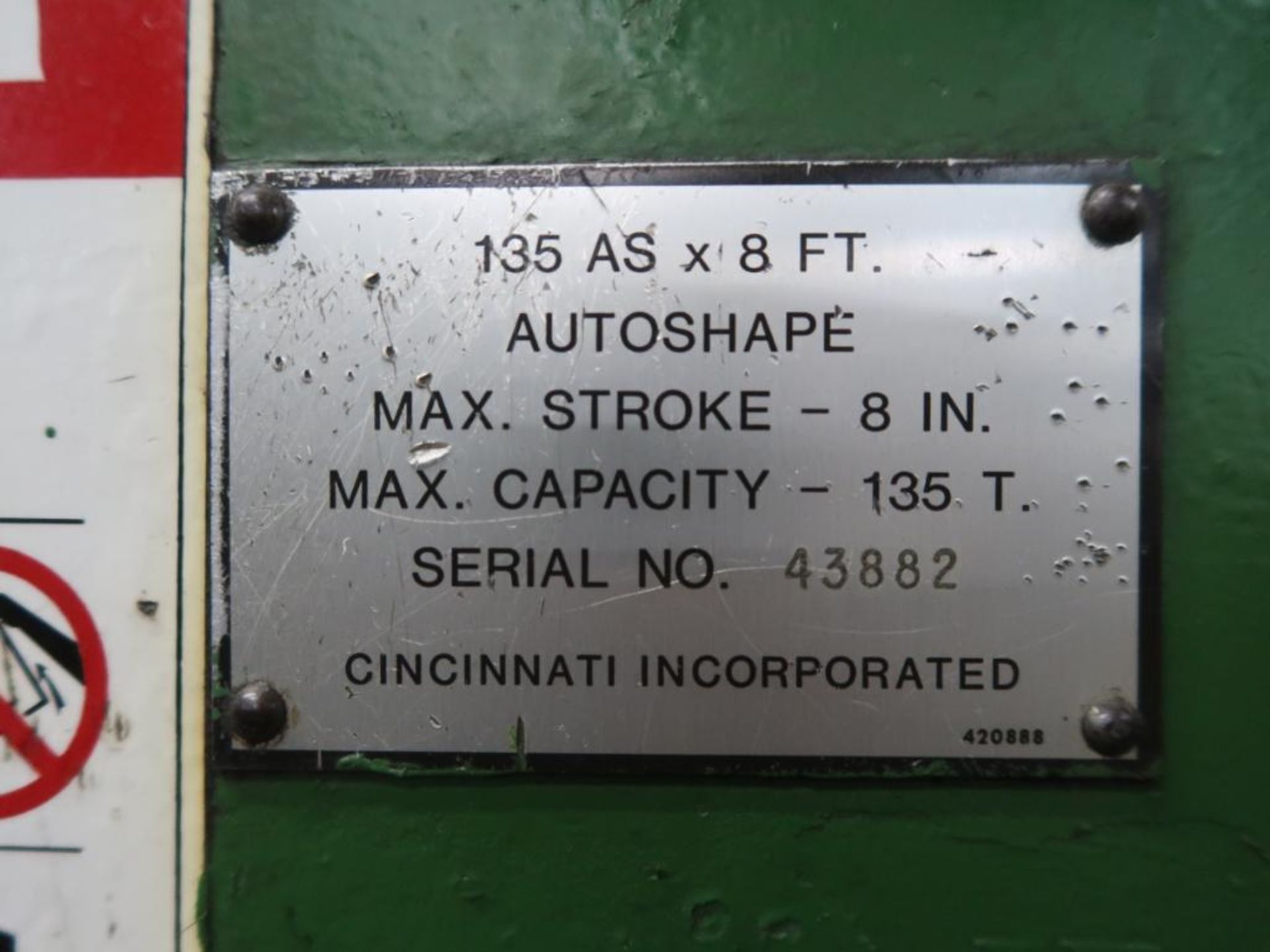 Cincinnati 135 Ton x 10 ft. Press Brake Model 135AS AutoShape, S/N 43882, 8 in. Max. Stroke, - Image 6 of 6