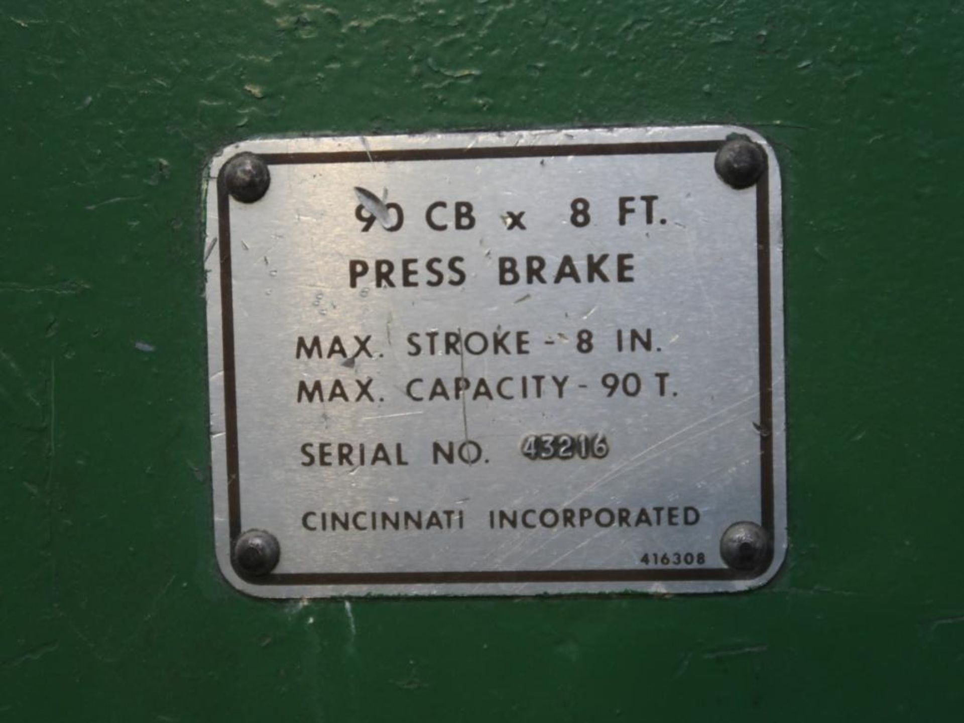 Cincinnati 90 Ton x 10 ft. Press Brake Model 90CB, S/N 43216, 8 in. Max. Stroke, Auto-Programmed - Image 4 of 4