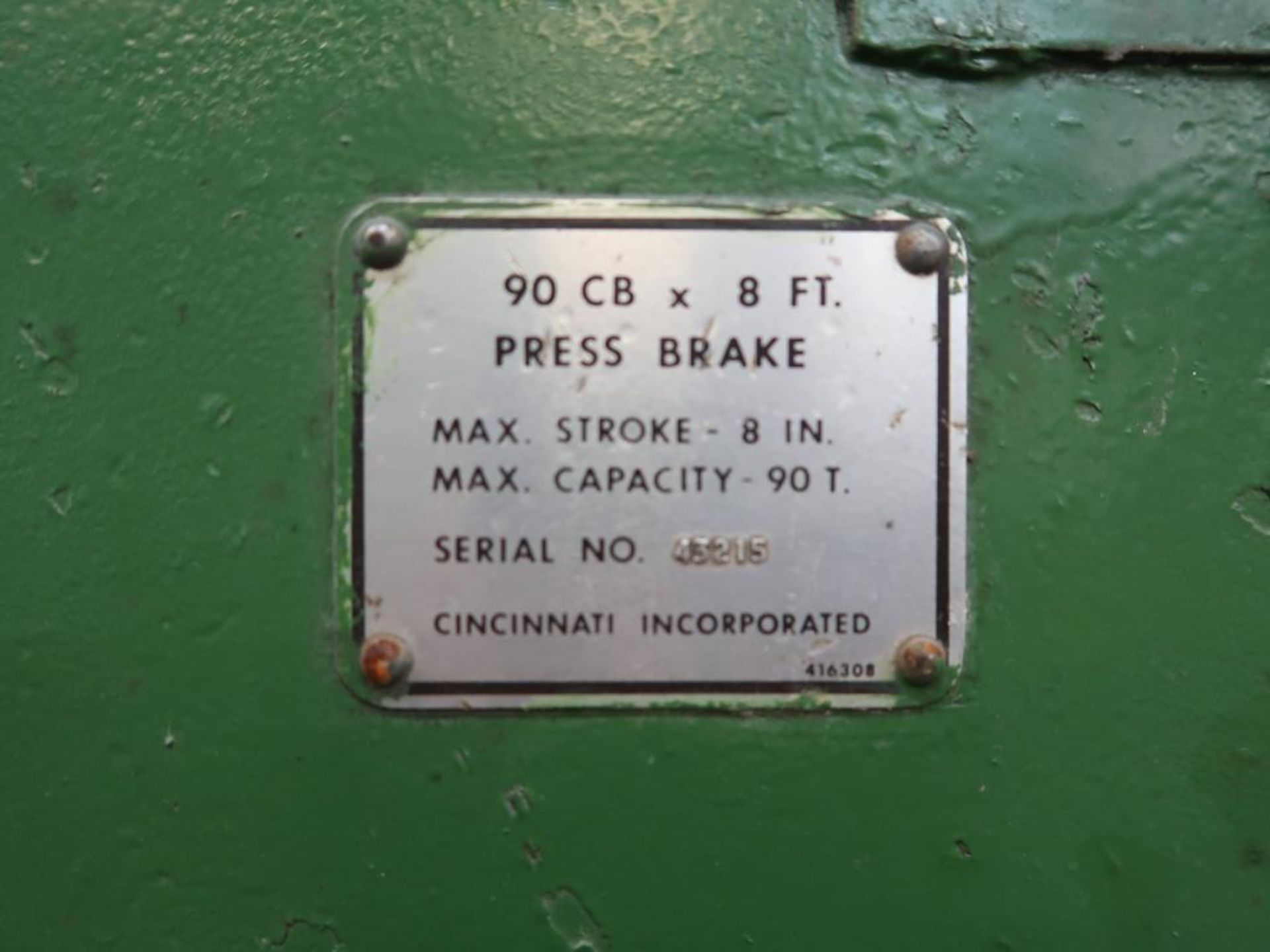 Cincinnati 90 Ton x 10 ft. Press Brake Model 90CB, S/N 43215, 8 in. Max. Stroke, Auto-Programmed - Image 6 of 6