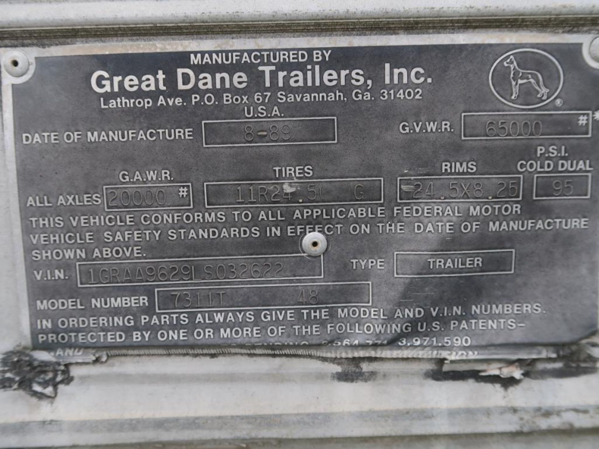 1989 Great Dane 48 ft. Sliding Tandem-Axle Box Trailer Model 7311T-48, VIN 1GRAA9629LS032622, Double - Image 3 of 3