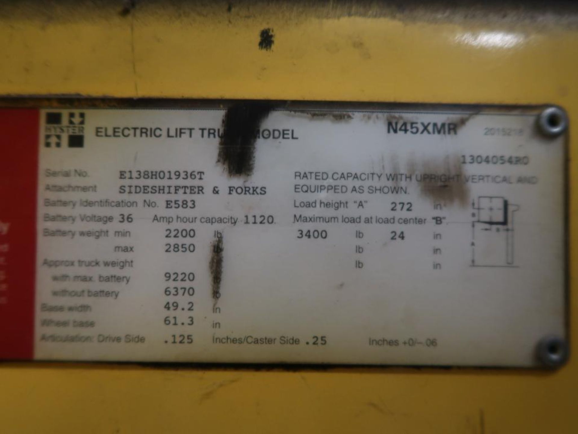 Hyster 3400 lb. Electric Lift Truck Model N45XMR, S/N E138H01936T, with Side Shift (as is) - Image 3 of 3