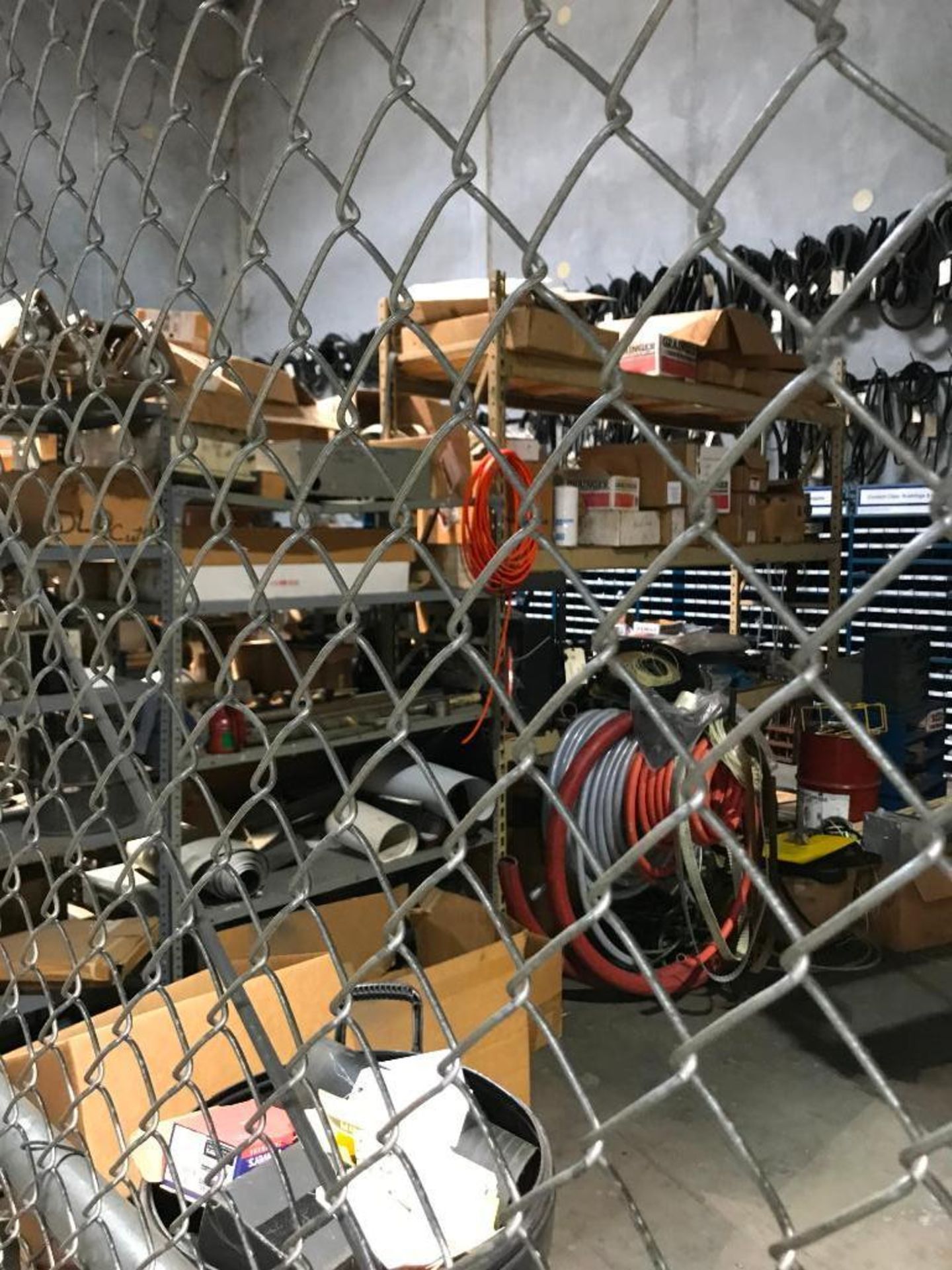 LOT: Tool Crib including Assorted Shelving, Flammable Storage Cabinets, V-Belts, Allen Bradley