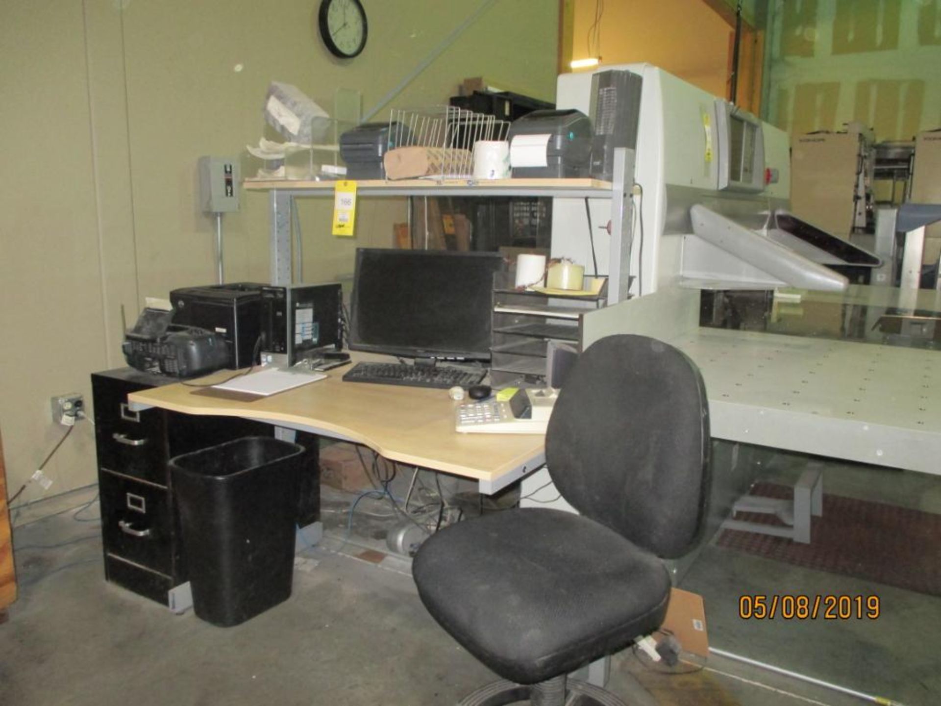 LOT: Desk, Chairs, File Cabinet, HP Pavilion Slimline PC with Monitor, Zebra ZP505 Printer, Zebra