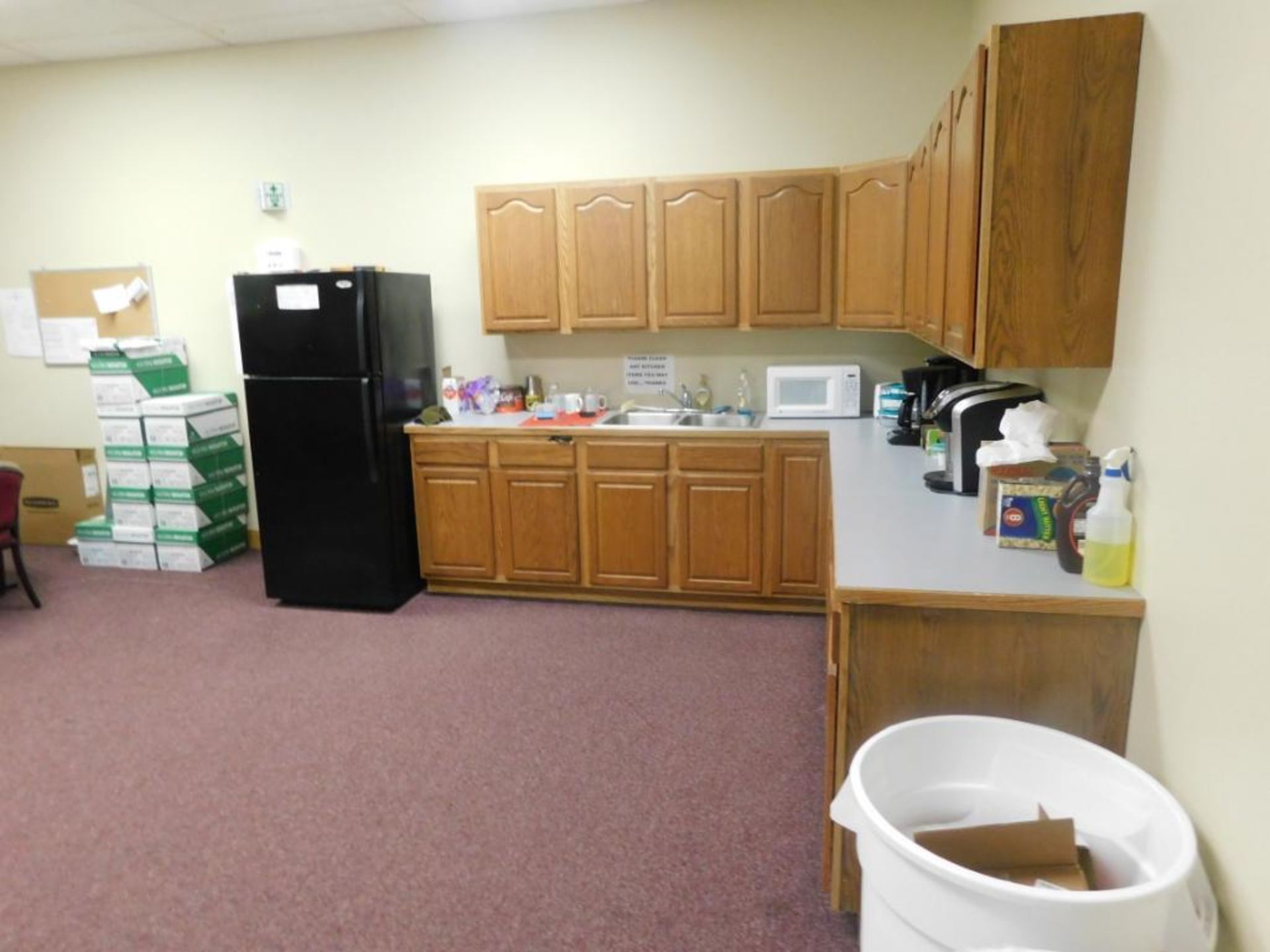 LOT: Contents of Break Room including Whirlpool Refrigerator, Microwave Oven, (3) Coffee Makers,
