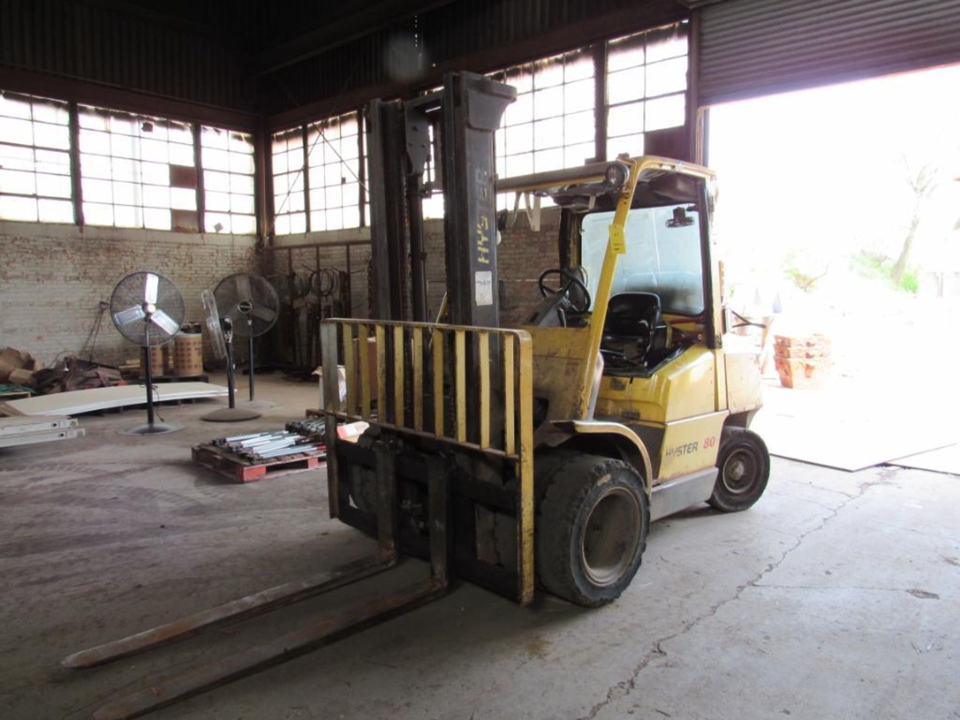 Hyster 8000 lb. LP Yard Forklift Model H80XM, S/N K005D05228X, Solid Tires, Dual Fronts, Overhead Gu