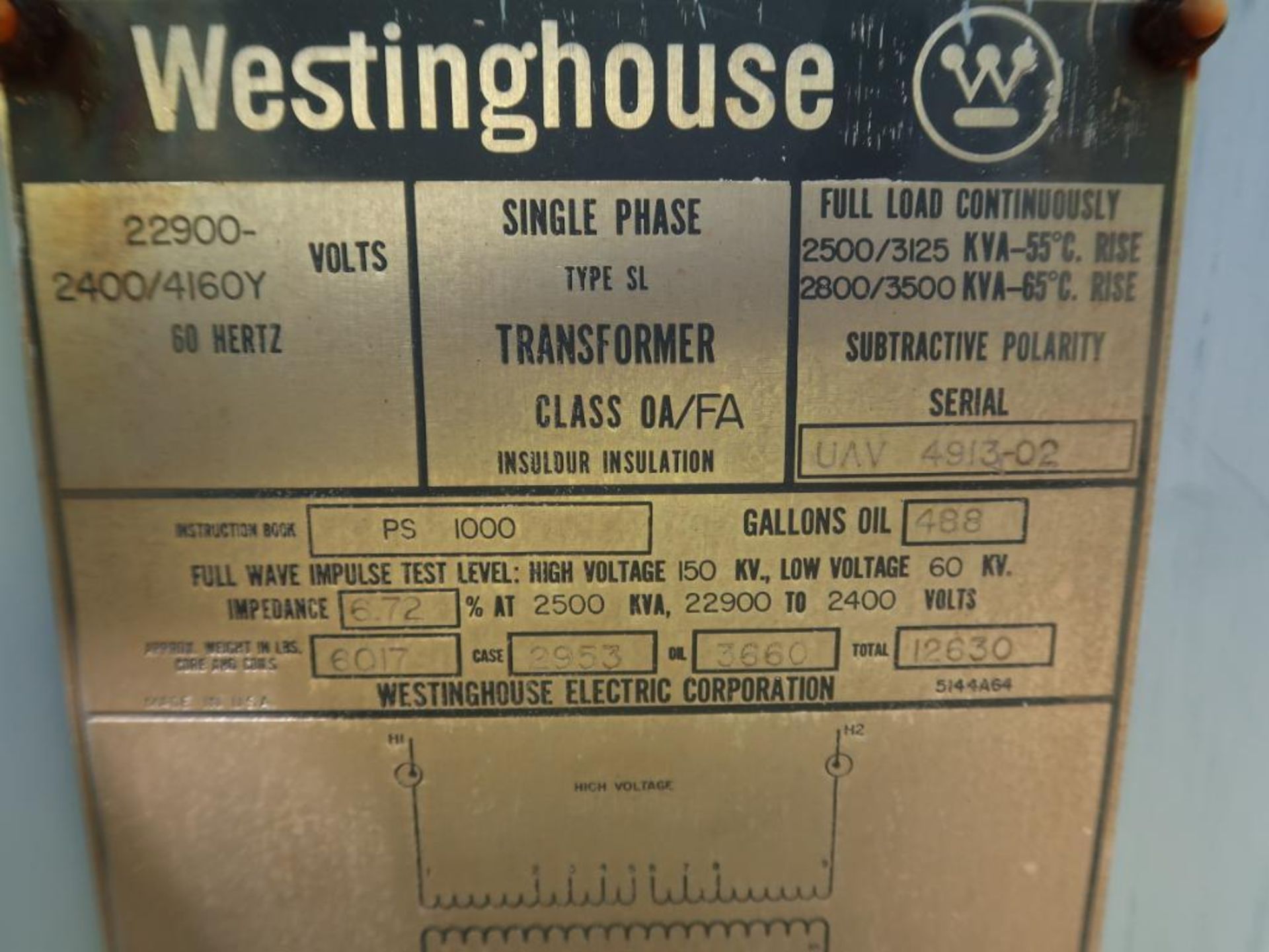 LOT: (3) Westinghouse Single-Phase Type SL Transformers, Class OA/FA, 22,900 Volts, 2400/4160Y, S/Ns - Image 2 of 2