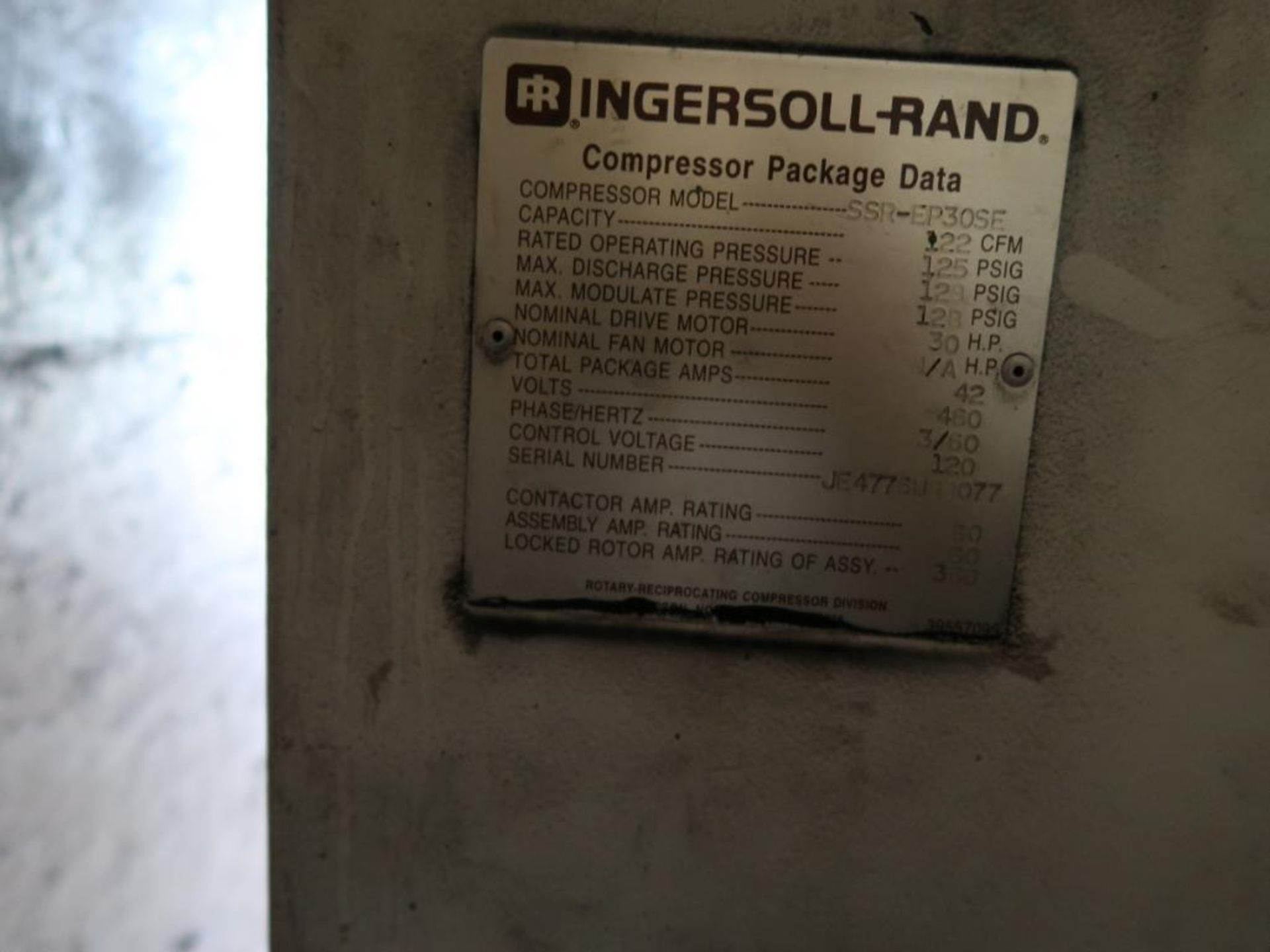 Ingersoll Rand 30 HP Rotary Air Copressor Model SSR-EP30SE, S/N JE4776U98077, 122 CFM, 125 PSI, with - Image 4 of 5