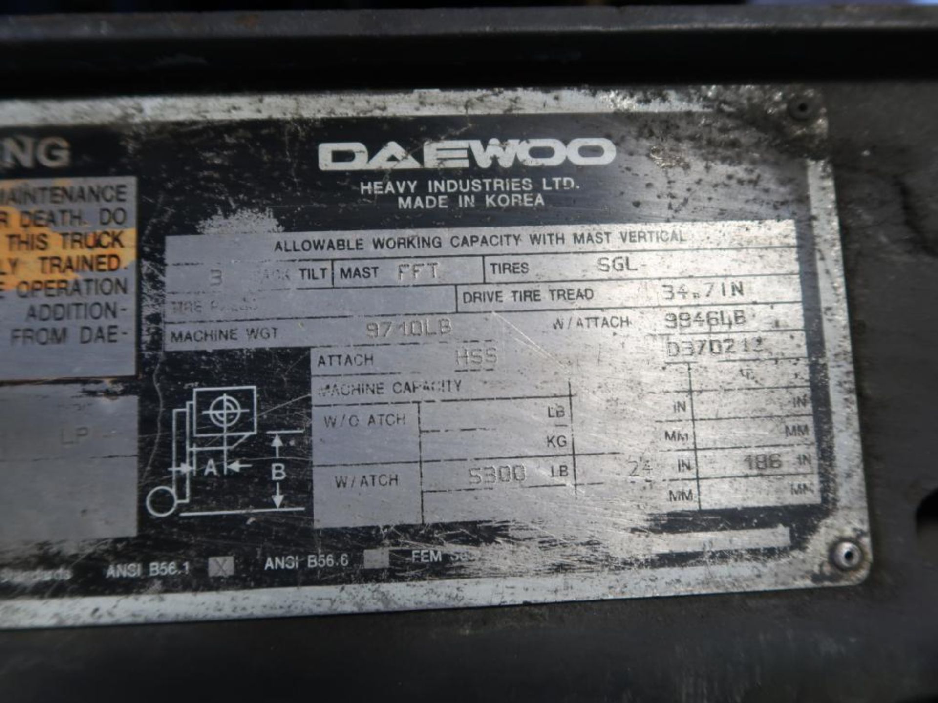 Daewoo 5000 lb. LP Forklift Model N/A, S/N D370213, Solid Tires, Overhead Guard, Triple Mast - Image 3 of 3