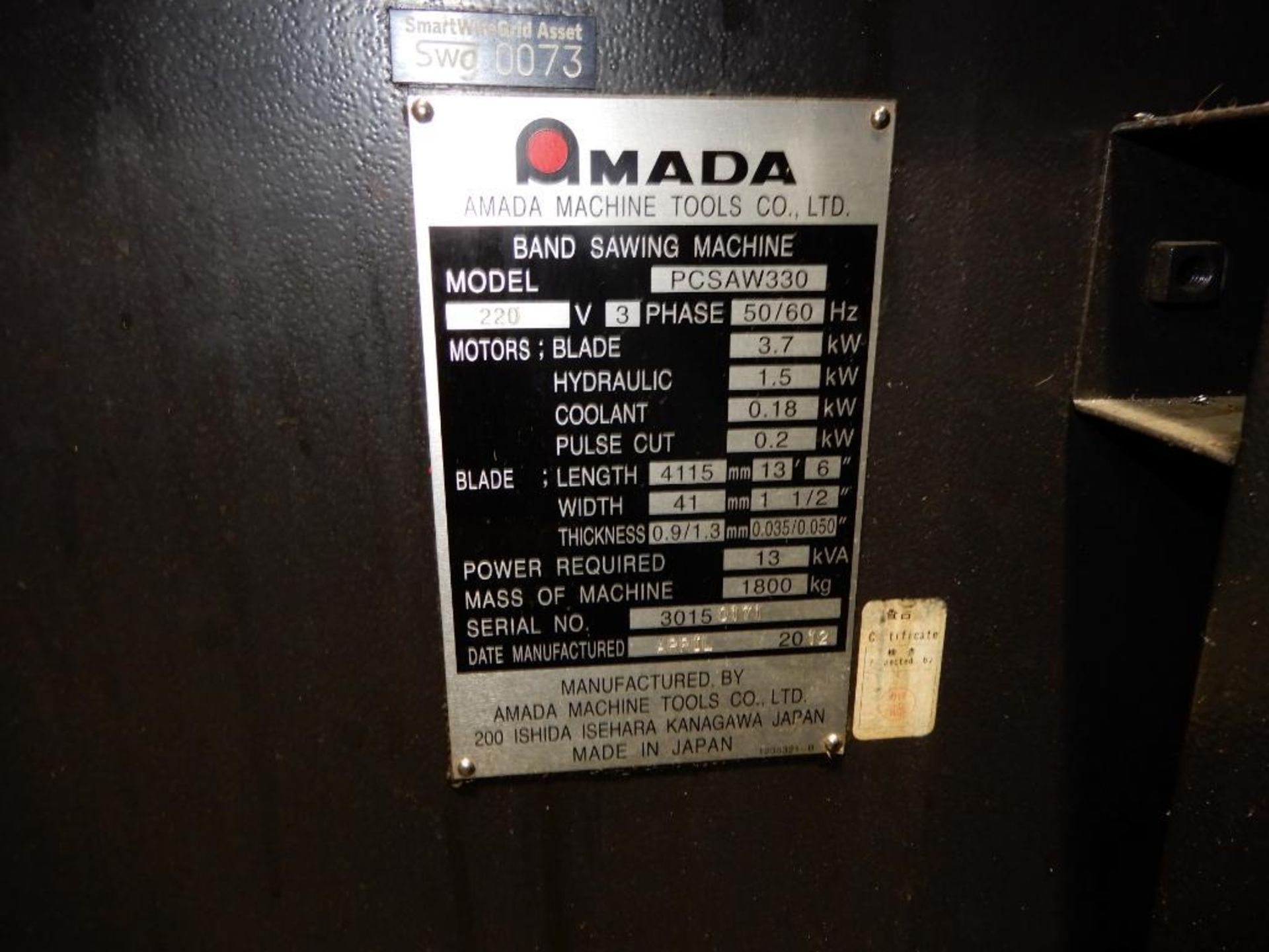 Amada 13in. x 13in.Horizontal Single Pulse Cutting Metal Band Saw Model PCSAW330, S/N 30150171 ( - Image 6 of 6