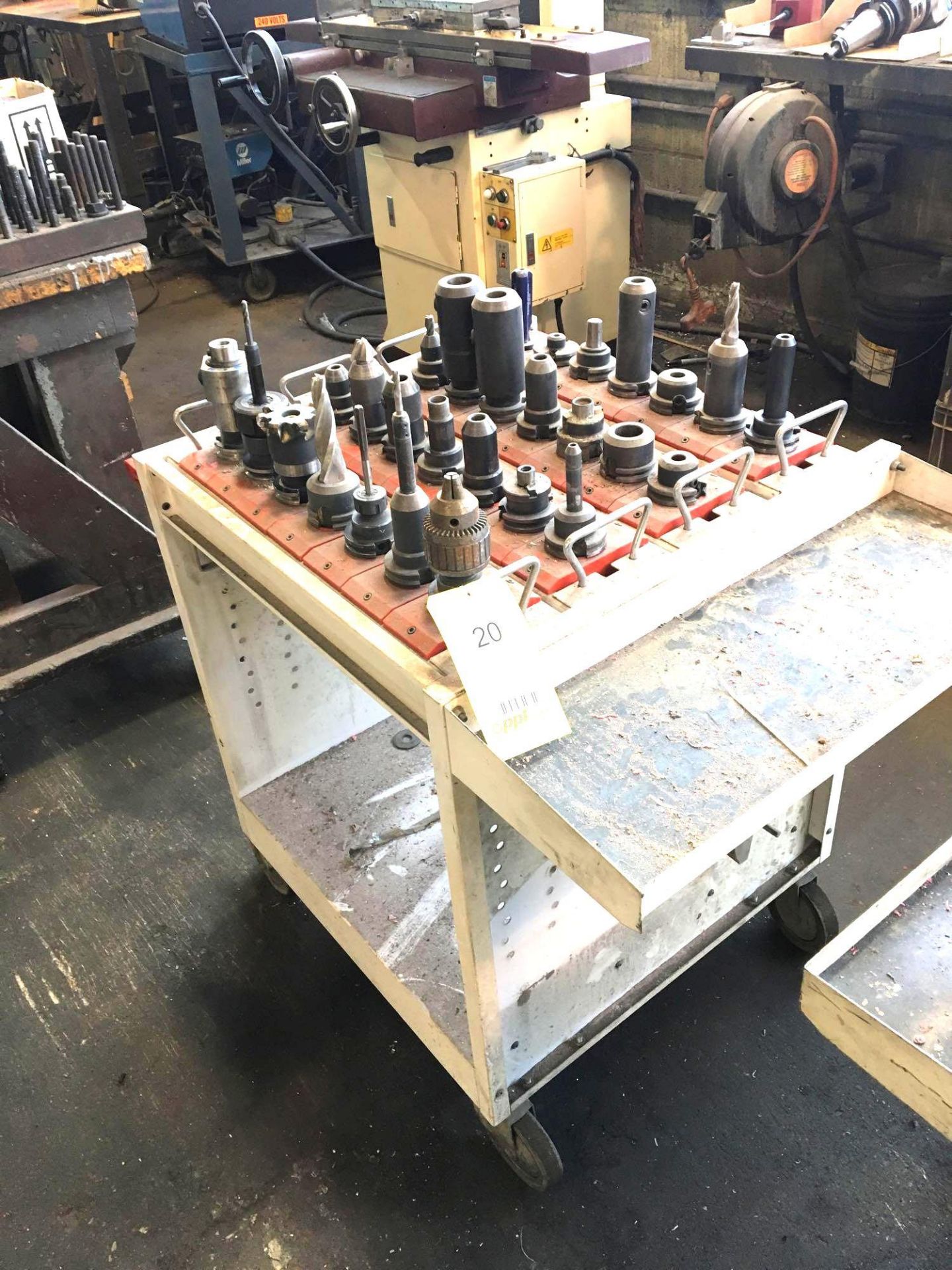 LOT: Assorted Rolling Tool Cart w/Approximately 28 Pieces Cat 40 Tool Holders and Assorted Tooling
