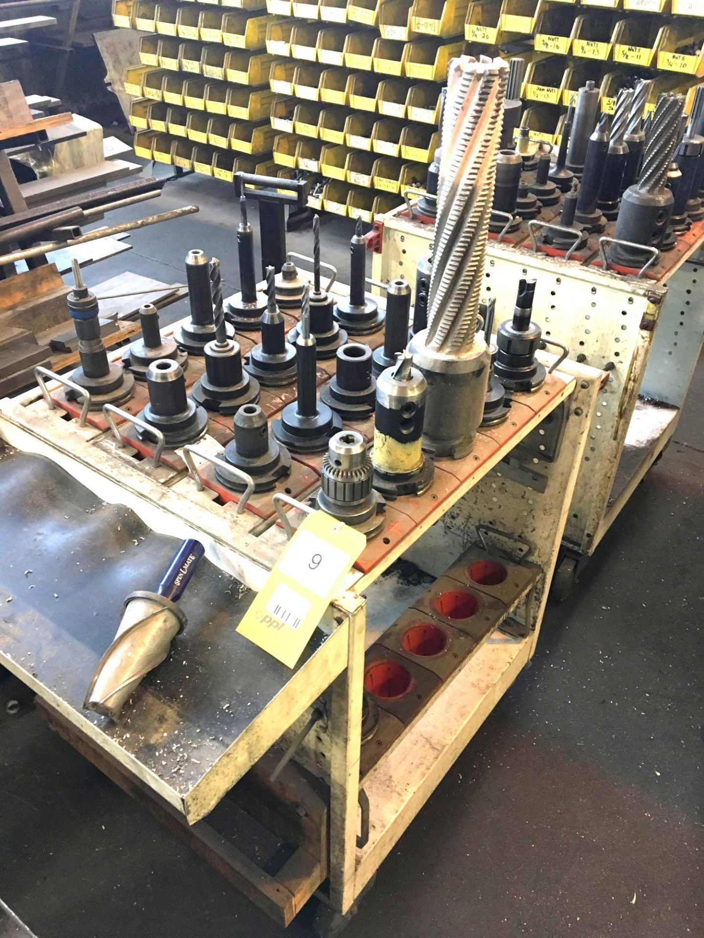 LOT: Assorted Rolling Tooling Cart w/Approximately 20 Cat 50 Tool Holders and Tooling