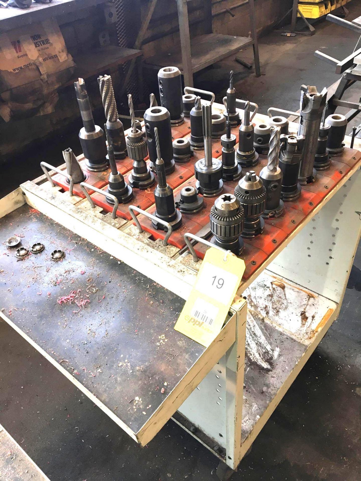 LOT: Assorted Rolling Tool Cart w/Approximately 28 Pieces Cat 40 Tool Holders and Assorted Tooling