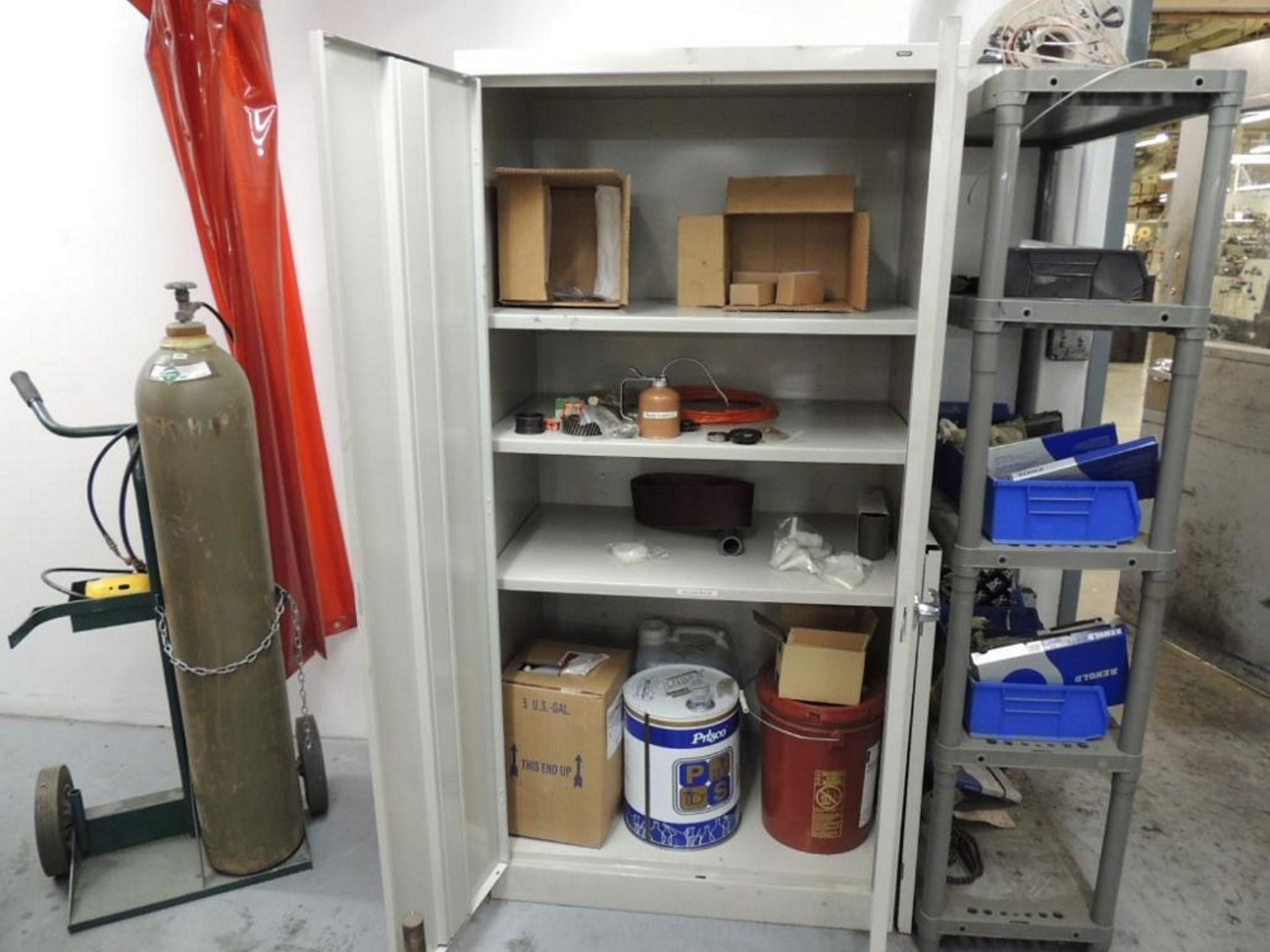 LOT: (3) Storage Cabinets W/ Misc. Tools, Tap and Dies Sets, Milwaukee Chargers, Levels, Lubricants, - Image 4 of 4