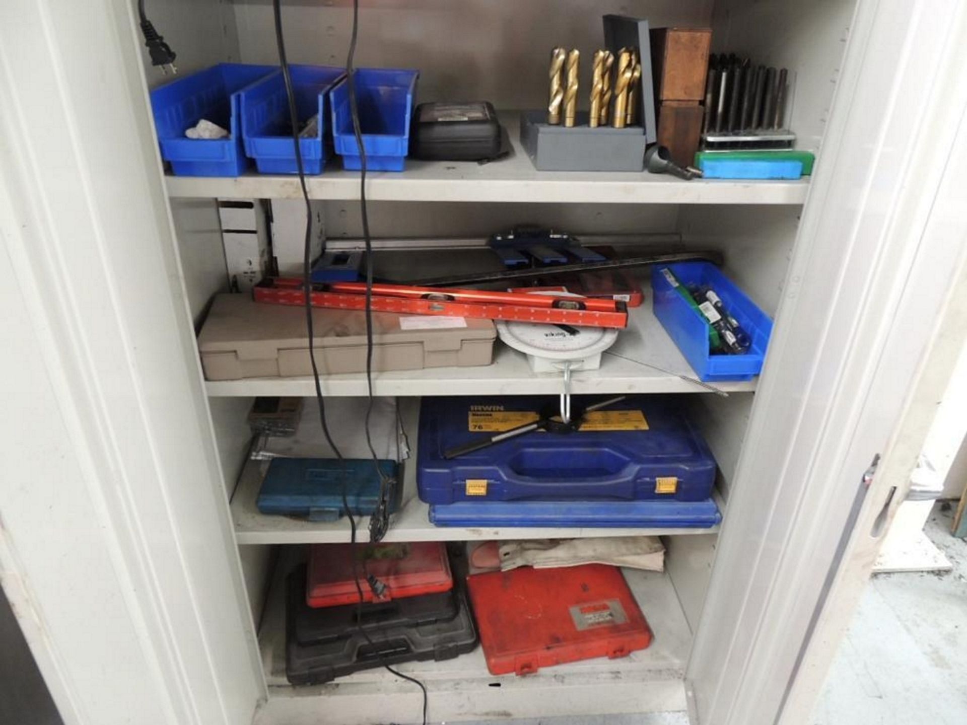 LOT: (3) Storage Cabinets W/ Misc. Tools, Tap and Dies Sets, Milwaukee Chargers, Levels, Lubricants, - Image 2 of 4