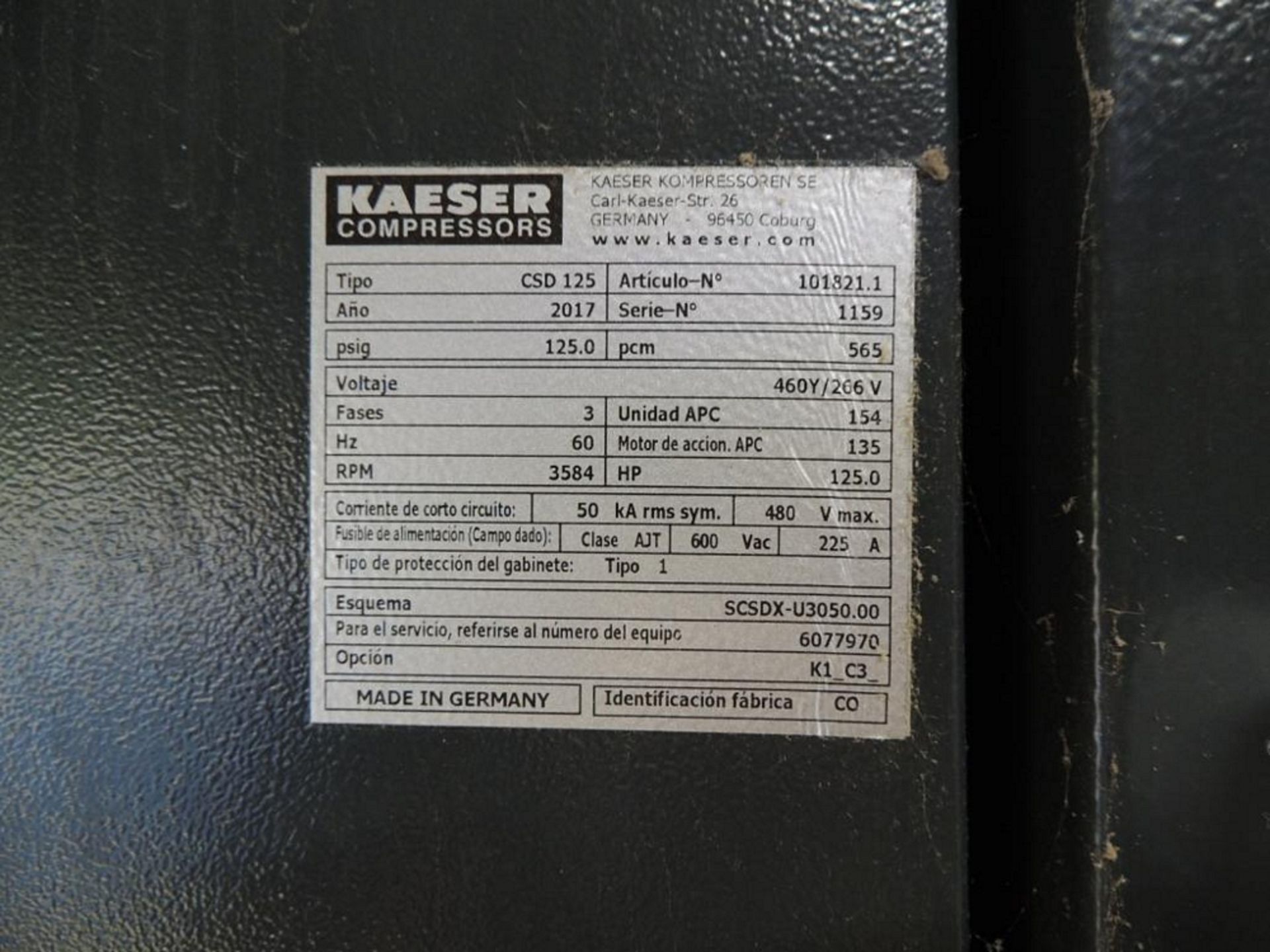 2017 Kaeser Csd 125 Rotary Screw Air Compressor, 125HP, S/N 1159, 12,651 Hours Indicated - Image 6 of 6