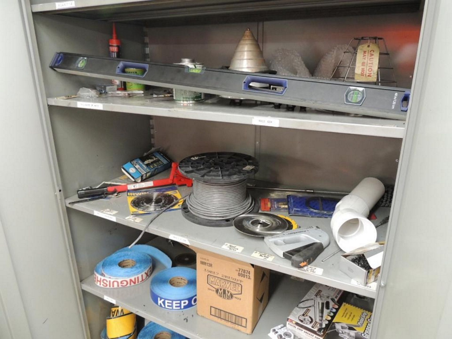 LOT: (3) Storage Cabinets W/ Misc. Tools, Tap and Dies Sets, Milwaukee Chargers, Levels, Lubricants, - Image 3 of 4