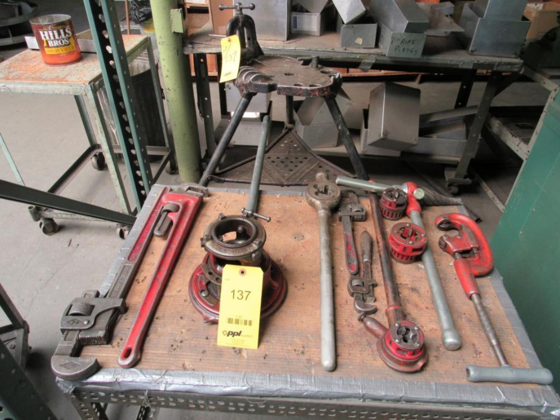 LOT: (1) Ridgid Tri-Stand, (1) Die Head, Pipe Dies & Handle, Pipe Cutter, Chamfer Tool, Pipe Wrenche