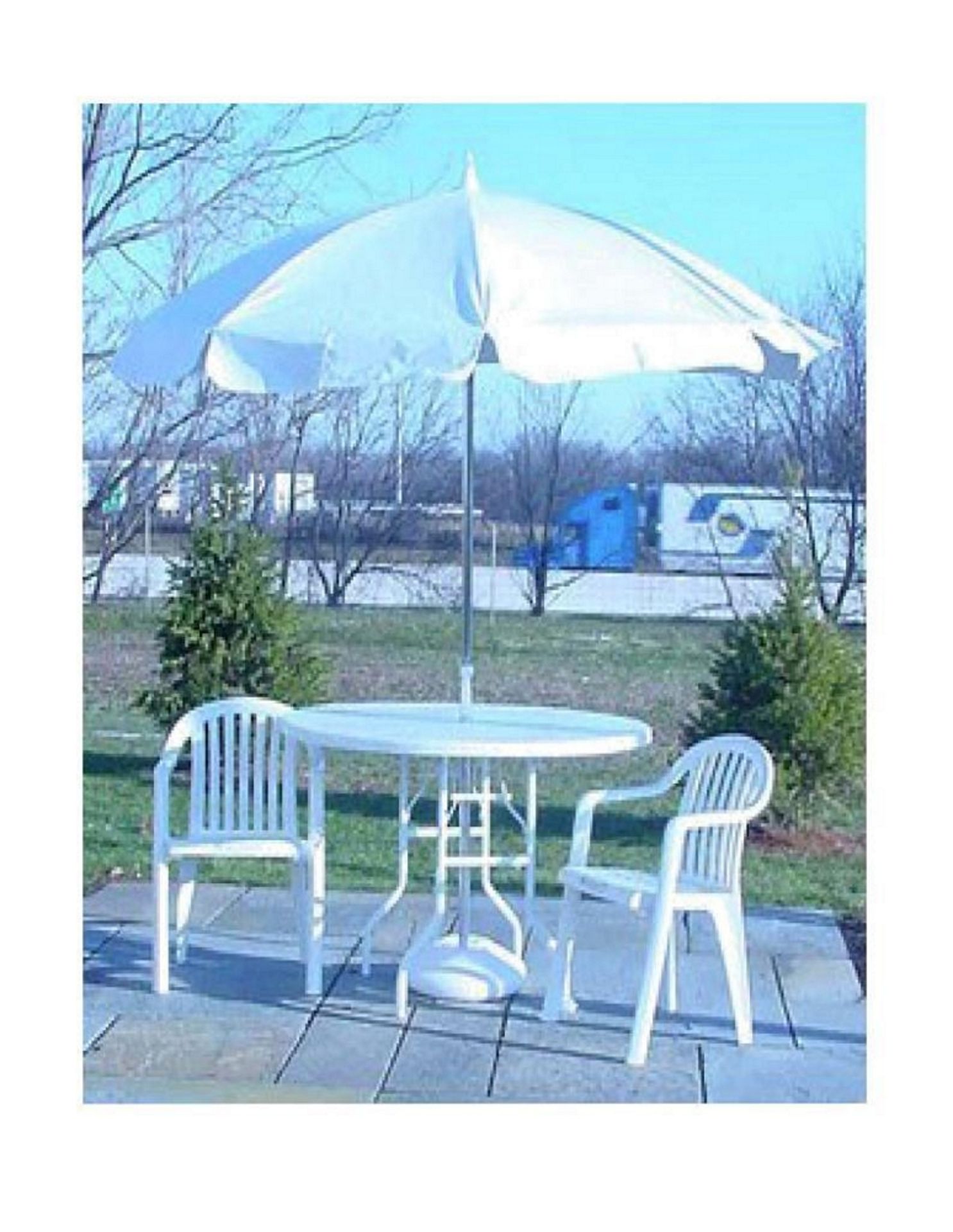 LOT: (3)Resin Umbrella Table-Rnd, 48 in.,Wh, Umbrella. Weight