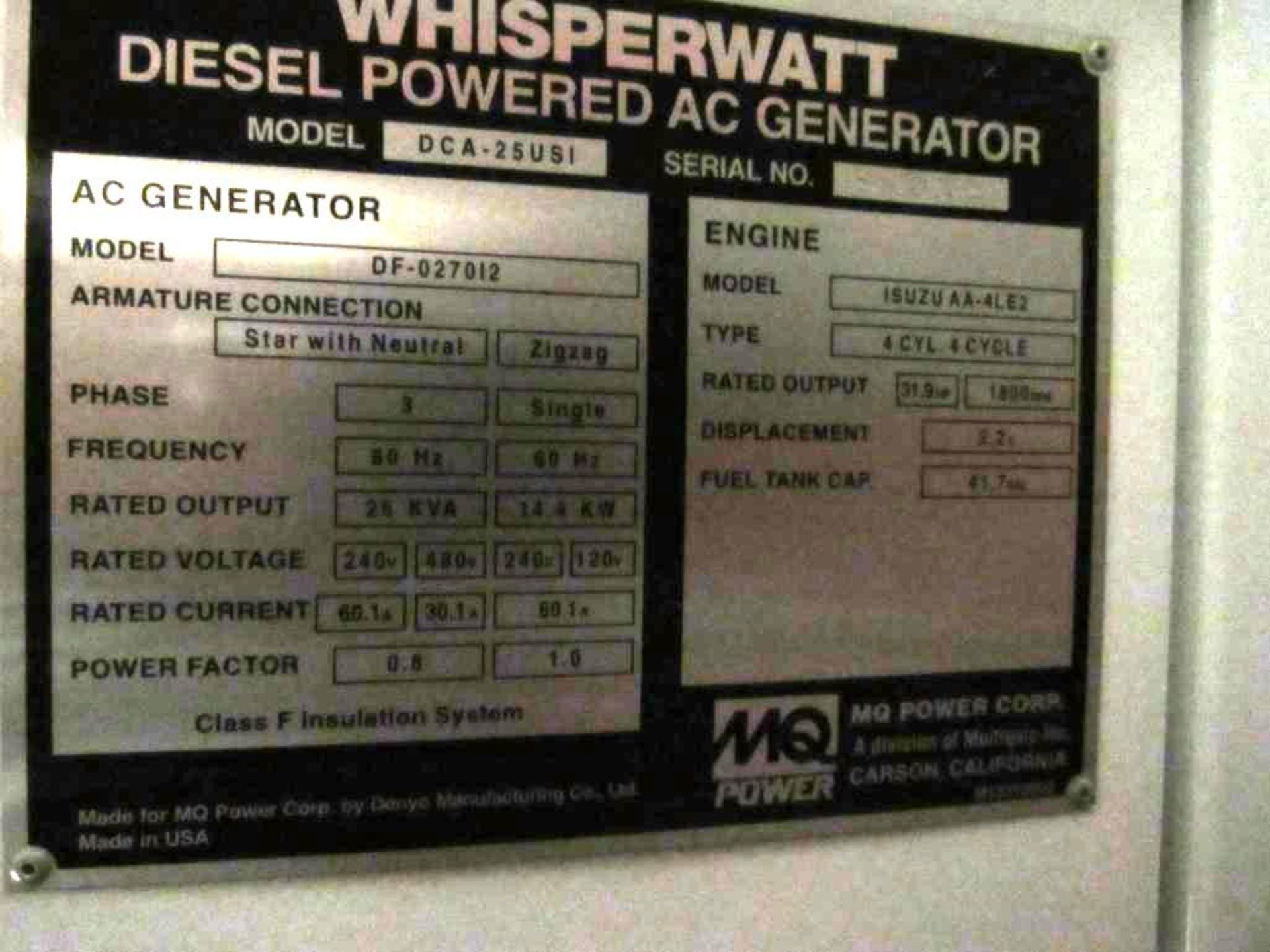 Whisperwatt Diesel Generator-25kw, Mq Wisperwatt Diesel, DCA-USI - Image 7 of 8